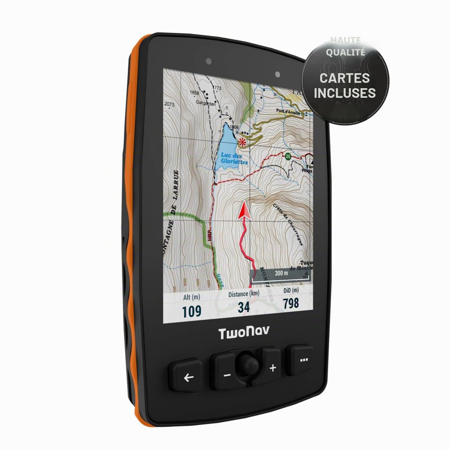 TwoNav Aventura 2 Plus + Carte France IGN Topo complète, GPS de Marche à Pied écran Large de 3,7 Pouces, Boutons et Joystick pour Alpinisme, Trekking ou randonnée avec Cartes incluses. Couleur Orange