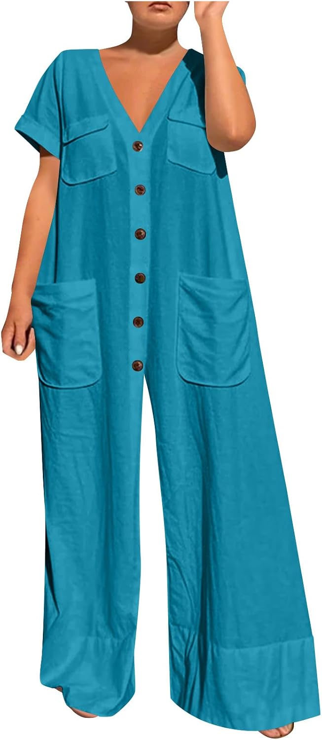 Women's Oversized Jumpsuit Casual Loose Fit Short Sleeve Button V-Neck Wide Leg Pants One Piece Romper with Pockets