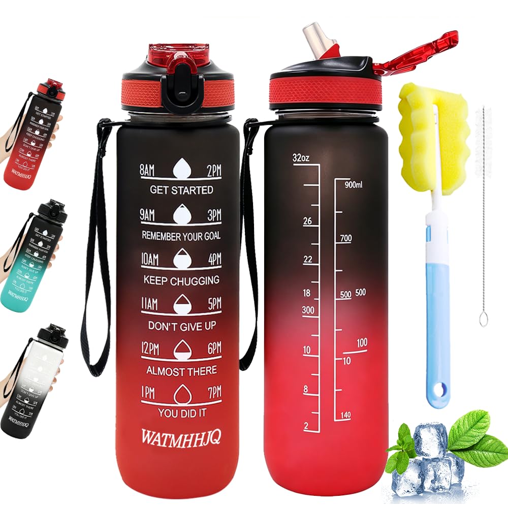 WATMHHJQ Trinkflasche 1L mit Stroh, BPA-frei, Auslaufsicher,Tritan Sportflasche für Fitness,Wandern & Büro- Schwarz Rot