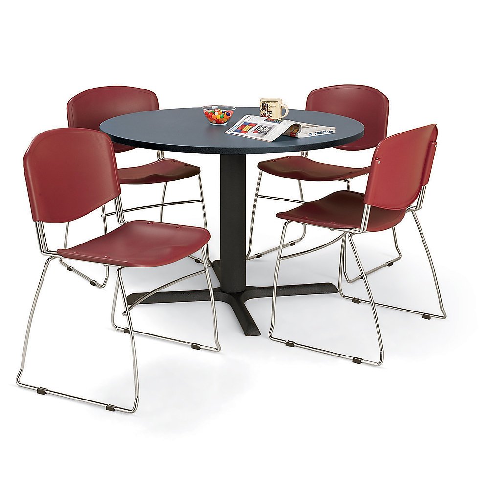 C&H Round Cafeteria Table with Gray Top and Burgundy Poly