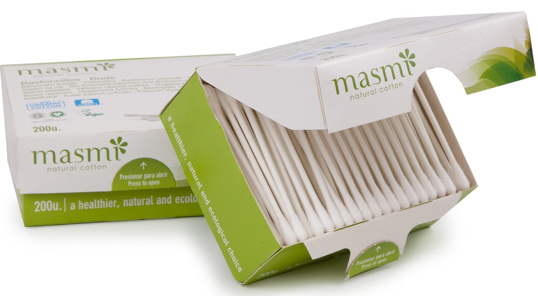 Masmi Organic Vegan Cotton Buds compressed paper stick 100% biodegradable not Chlorine bleached (200)