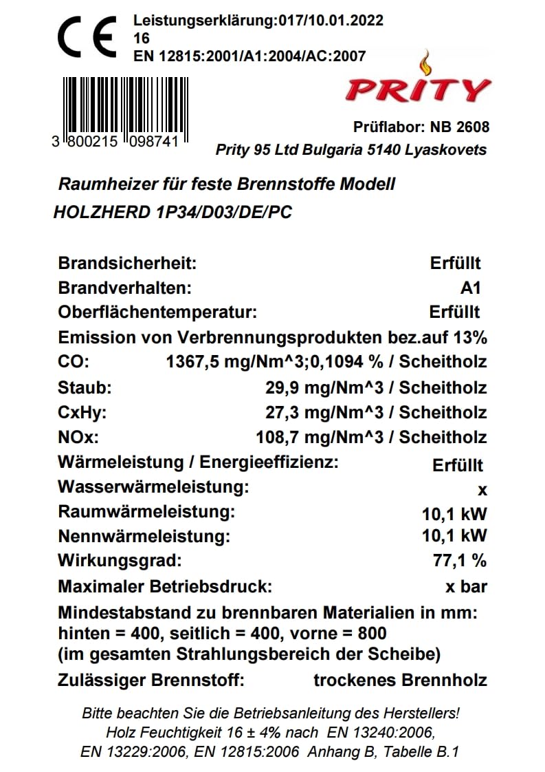 Forno da cucina modello 1P34 10,1 kW – Stufa a legna con forno, stufa a camino, fornello BImSchV livello 2, EcoDesign 2022, classe di efficienza energetica A, stufa a legna per riscaldare, cucinare e
