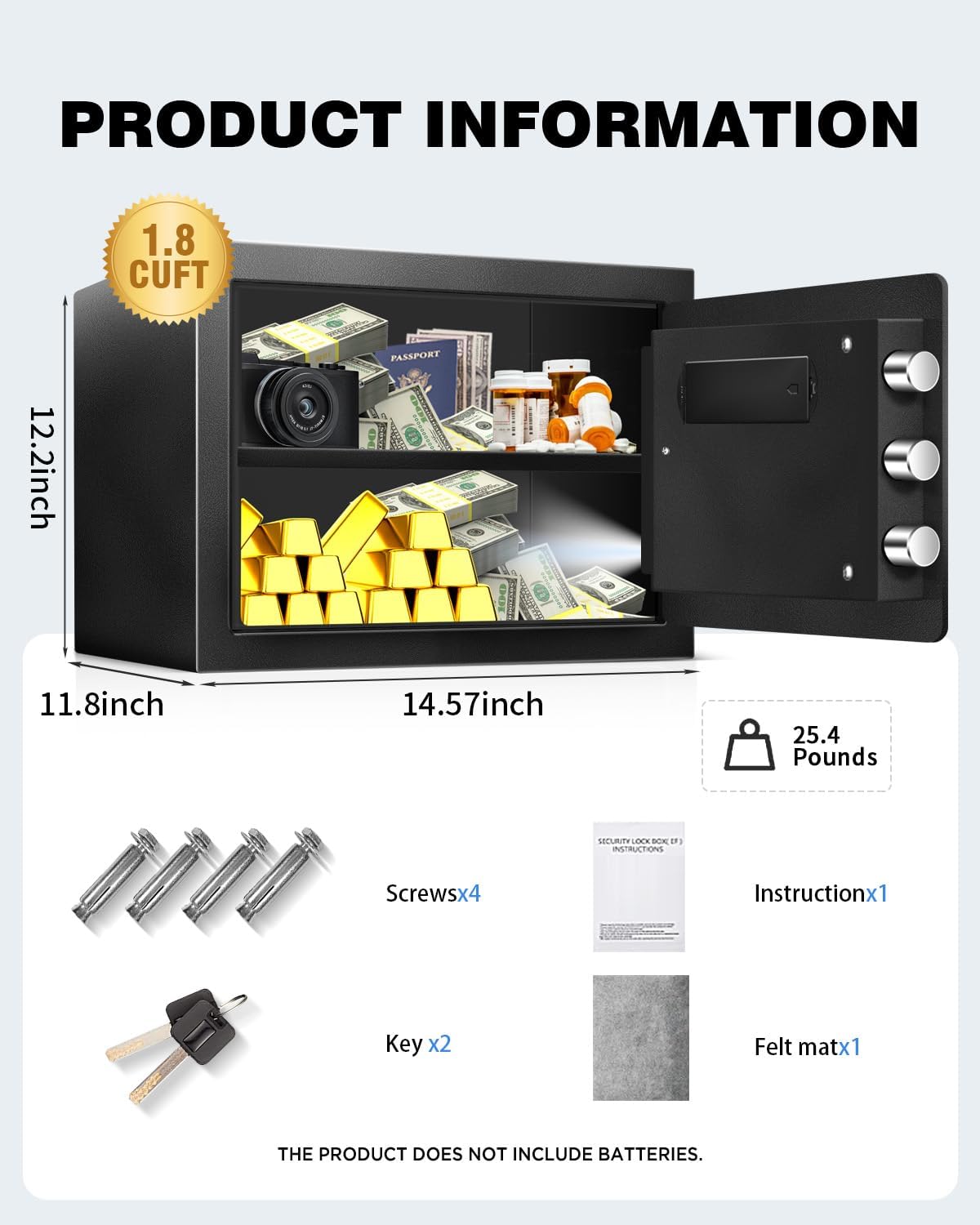 Image showing the external dimensions of the safe (14.57 inches wide, 12.2 inches deep, 11.8 inches high) and its weight (25.4 pounds), along with included components.