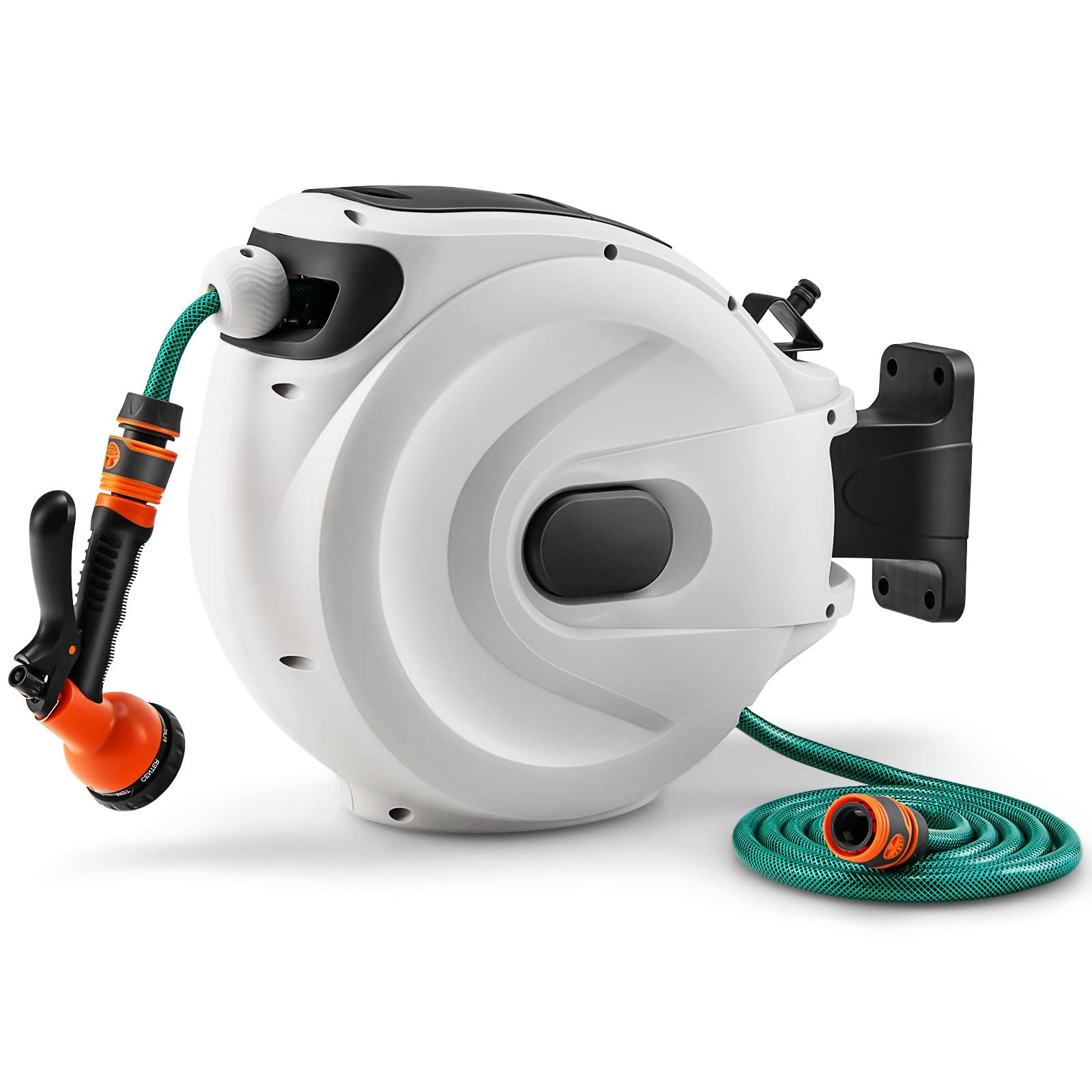 TANGZON Retractable Hose Reel, Wall-Mounted 180° Swivel Garden Hose Reel with 8 Functions Spray Nozzle, Auto Rewind Hose Reel for Patio Yard Greenhouse (White, 30+2M Pipe, 43x24x40cm)