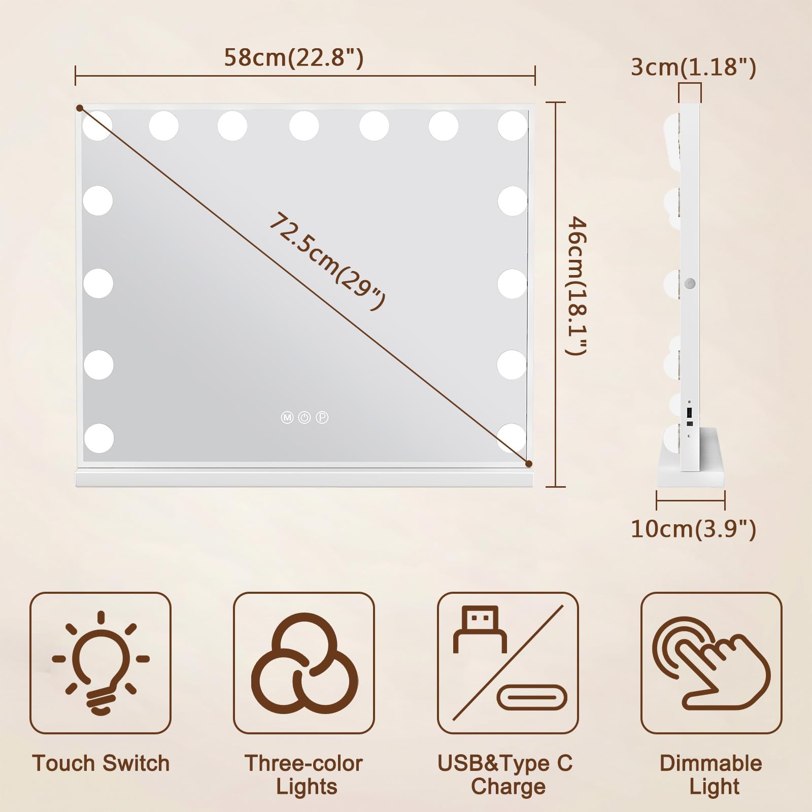 FENCHILIN Hollywood Schminkspiegel mit USB Type C Ausgangsanschluss, 3 Modi Einstellbarer Helligkeitsspiegel, Hollywood Spiegel mit Beleuchtung 15 LED Lampen Tisch Schminkspiegel