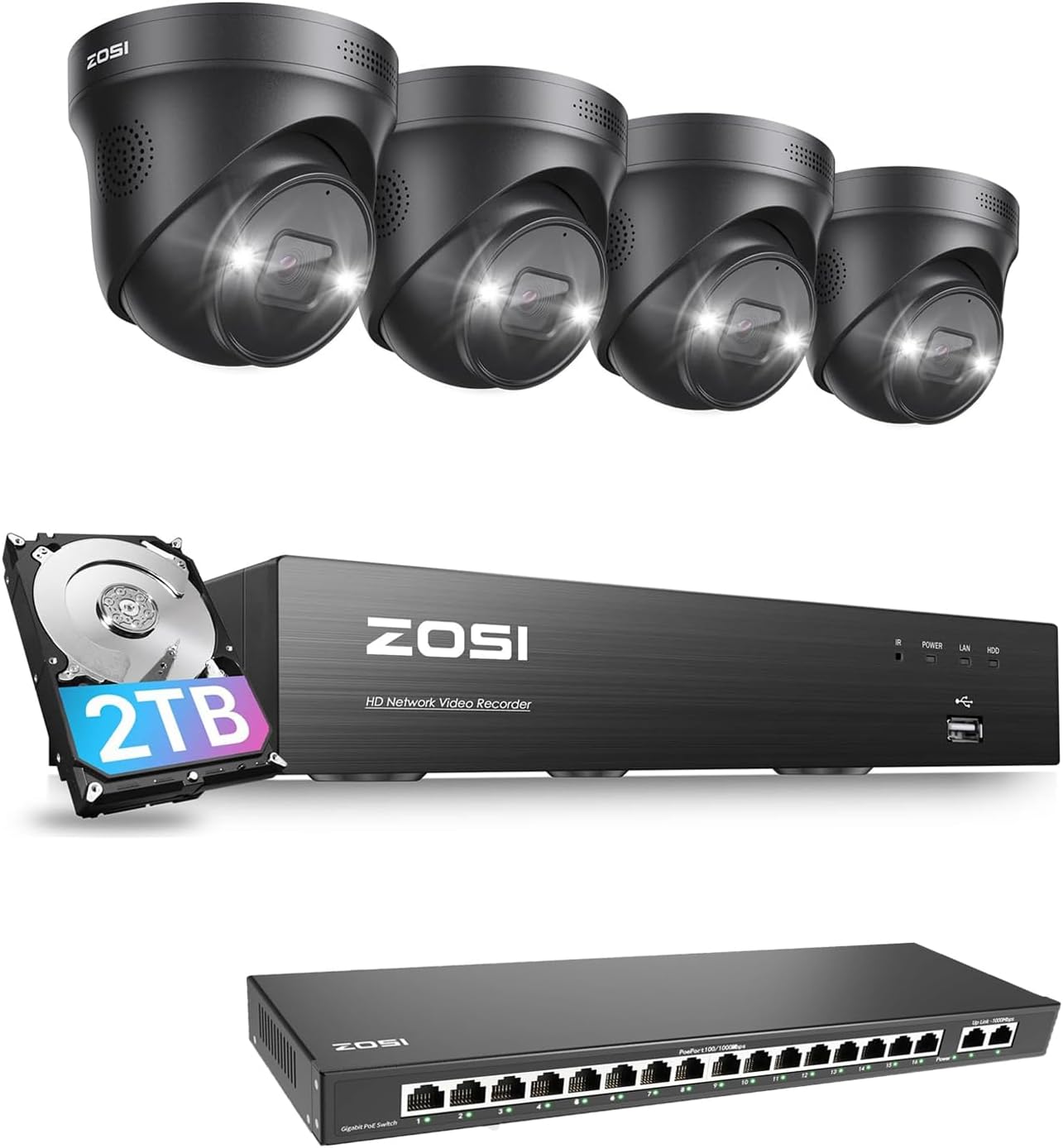 ZOSI 4K PoE Security System with 4pcs 8MP Cameras & 16-Port PoE Switch | 8CH NVR with 2TB HDD, 2-Way Audio, Spotlight Color Night Vision, Person/Vehicle Detection.