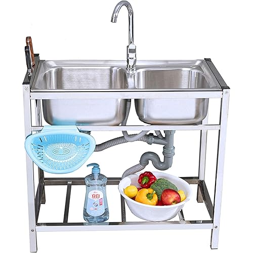 Commercial Sink Kitchen Sink Wash Basin Vegetable Sink Double Bowl Unit with Stand Hot and Cold Faucet for Indoor Outdoor Garage Laundry, Size 32.7"X17.5"X29.5"