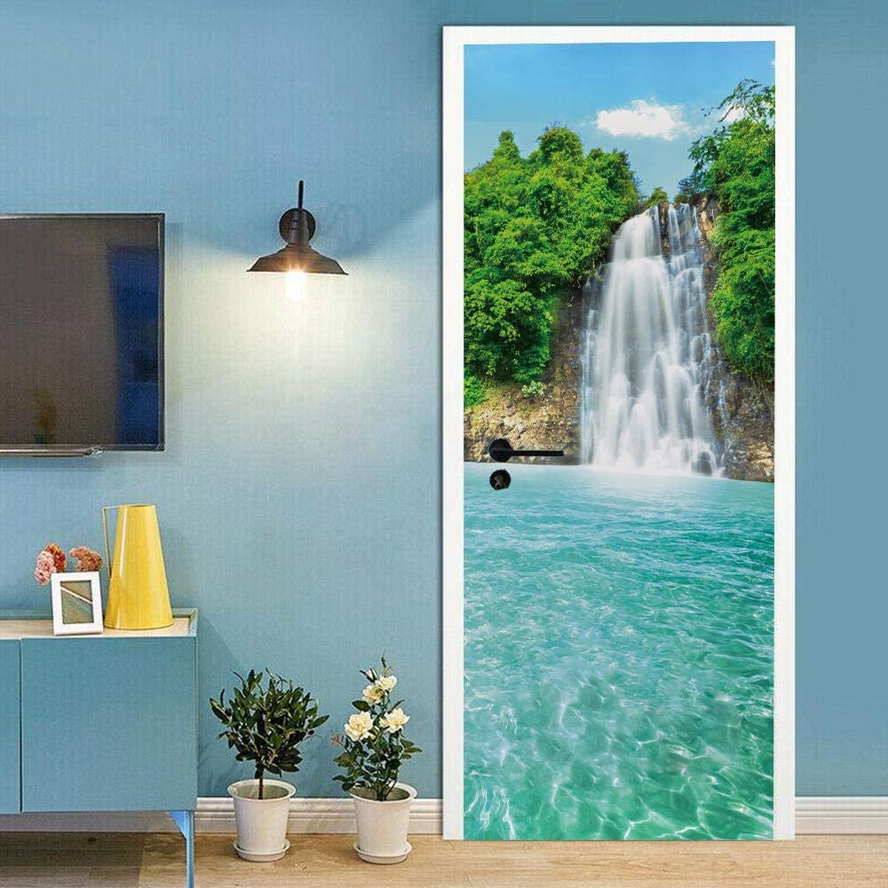 3D Door Sticker - Beautiful Scenery of Alpine Waterfall - 95 X 210 Cm - Waterproof 3D Door Mural Sticker Vinyl Wall Sticker for Interior Doors Livingroom Bedroom Bathroom Office Home Decor - Boys and