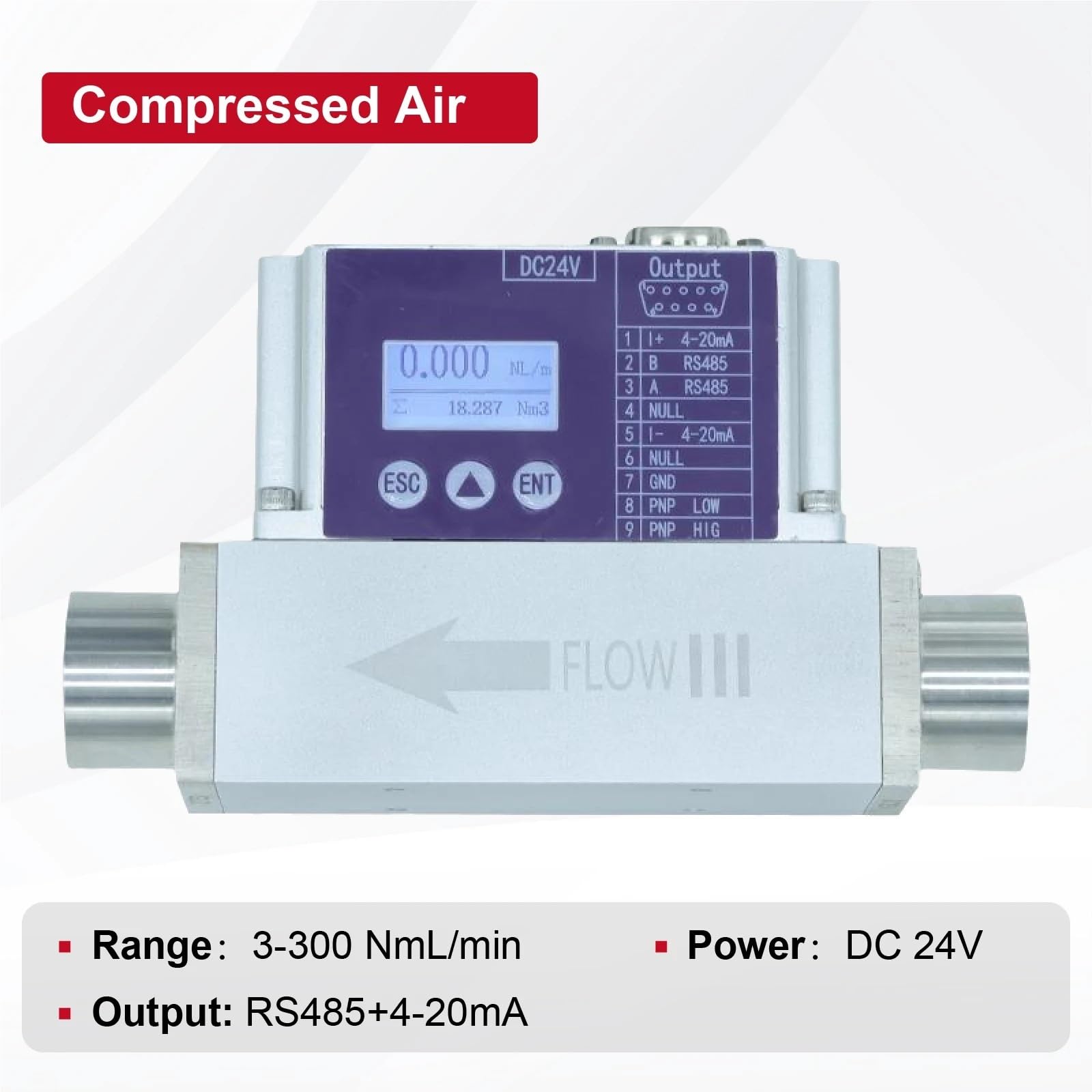 Wasserdurchflussmesser, RS485-Gas-Massendurchflussmesser, bidirektionaler digitaler Anzeigesensor for Luft-Stickstoff-Sauerstoff-Wasserstoff-Helium-Durchflusserkennung(Air-3-300NmL-min)