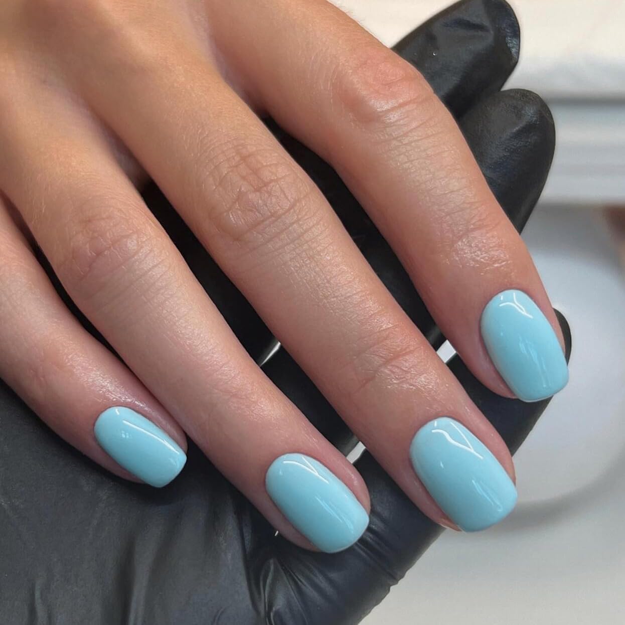 SXVME Light Blue Press on Nails Short Square Acrylic Short False Nails Coffin Natural Acrylic Fake Nails Set Elegant Solid Color Full Cover Glossy Gel Stick on Nail for Women Daily Wear 24 Pcs - Image 3