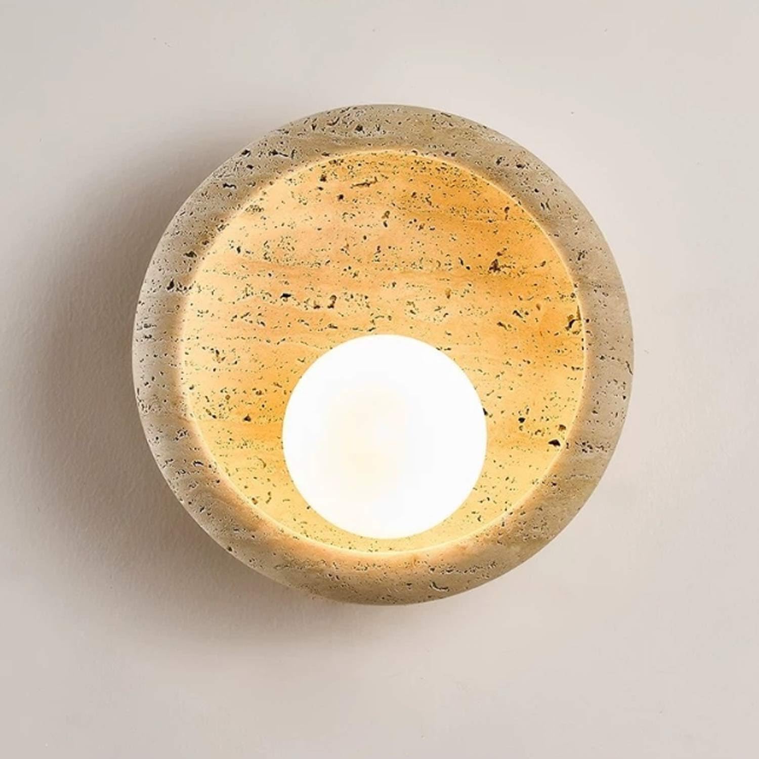 USMJQVZ Wabi-Sabi Art Yellow Cave Stone Lighting Fixture Nordic Modern Marble Wall Sconce Circle Yellow Travertine Wall Lamp Japanese Style Natural Stone Bedside Bedroom Foyer