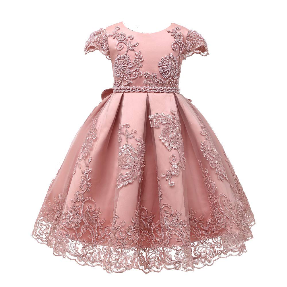 Pink Lace Beaded Pearls Kids Prom Puffy Tulle Flower Girls Dresses Ball Gowns