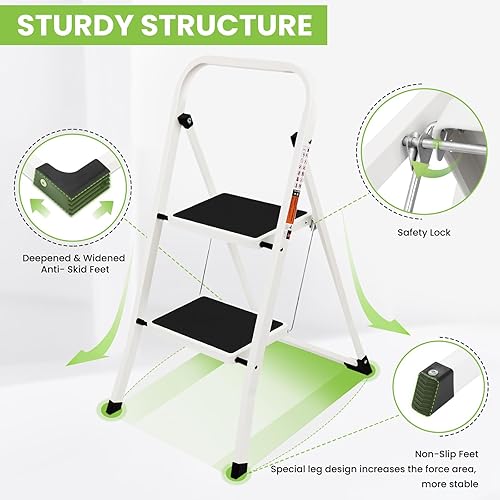 Miniatura 3 de Escalera de 2 escalones, taburete plegable con pedal antideslizante ancho, capacidad de 330 libras, escaleras ligeras portátiles para el hogar,