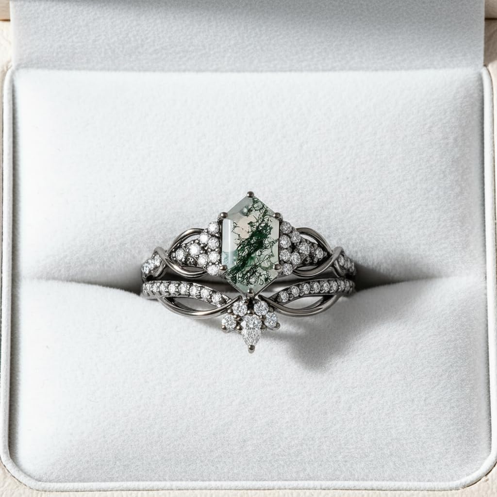 Natural Moss Agate Engagement Stacking Ring Customizable 10K /14K /18K Solid Gold Black Gothic Promise Wedding Stacking Rings Anniversary Promise Ring Size 4-15