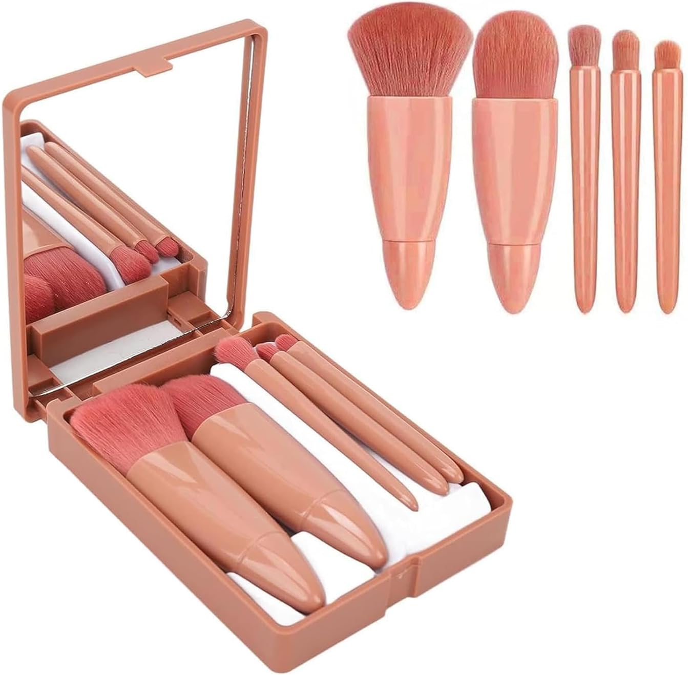 - 5 in 1 Professional Small Mini Mirror Makeup Brush Kit for Face Eye Shadows Eyeshadow Powder Blush Cosmetic Case Set Cleanser for Women Foundation Travel Brushes for Girl Female (MINI MAKEUP KIT)