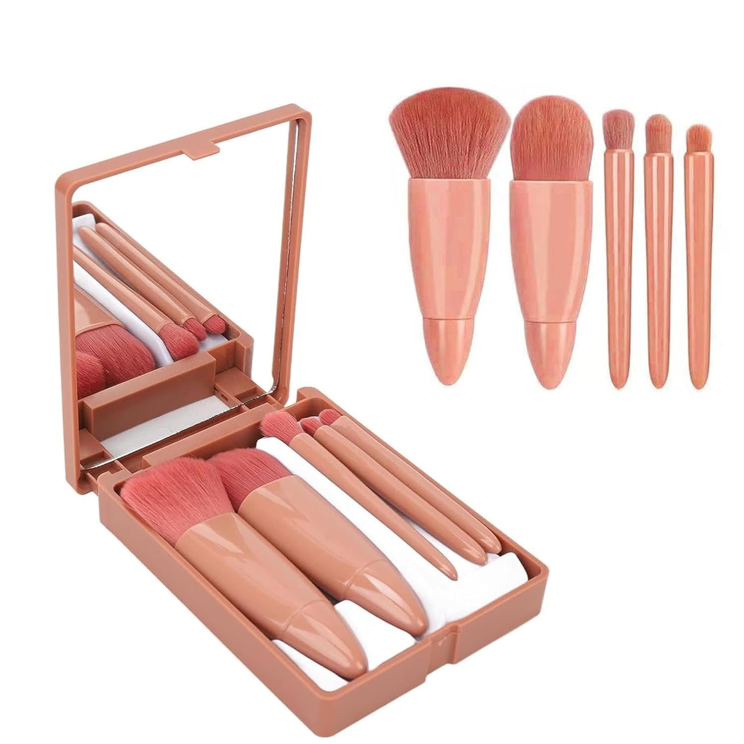 - 5 in 1 Professional Small Mini Mirror Makeup Brush Kit for Face Eye Shadows Eyeshadow Powder Blush Cosmetic Case Set Cleanser for Women Foundation Travel Brushes for Girl Female (MINI MAKEUP KIT)