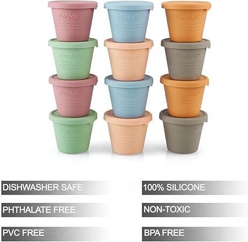 Miniatura 4 de PandaEar Paquete de 12 recipientes de silicona para almacenamiento de alimentos para bebés y 2 bandejas para congelador de alimentos para bebés