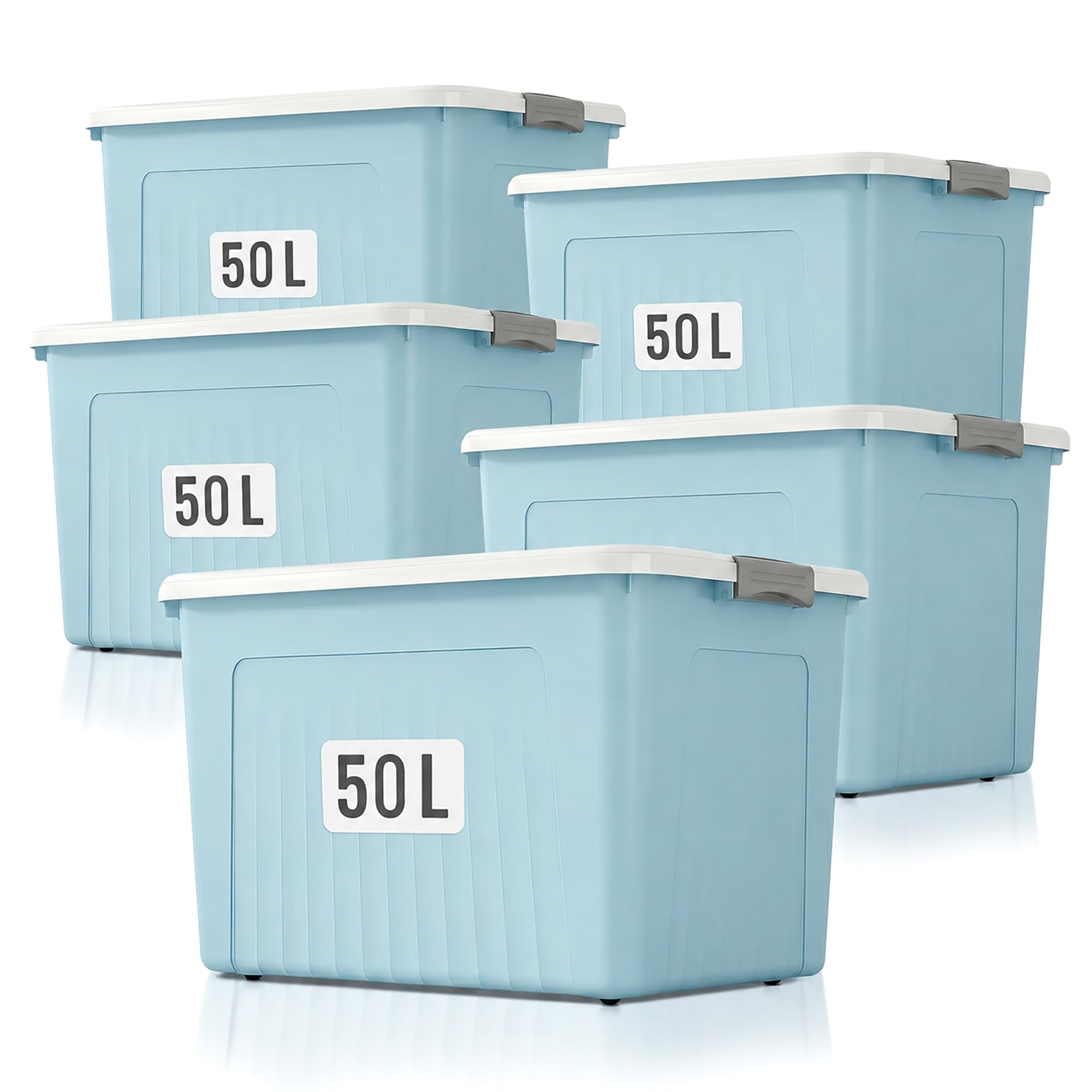 Froppi 5 x 50 Litre Premium Useful Plastic Storage Box with Lid and Wheels | Stackable | Blue | L55 W39 H31 cm | 5 Pack