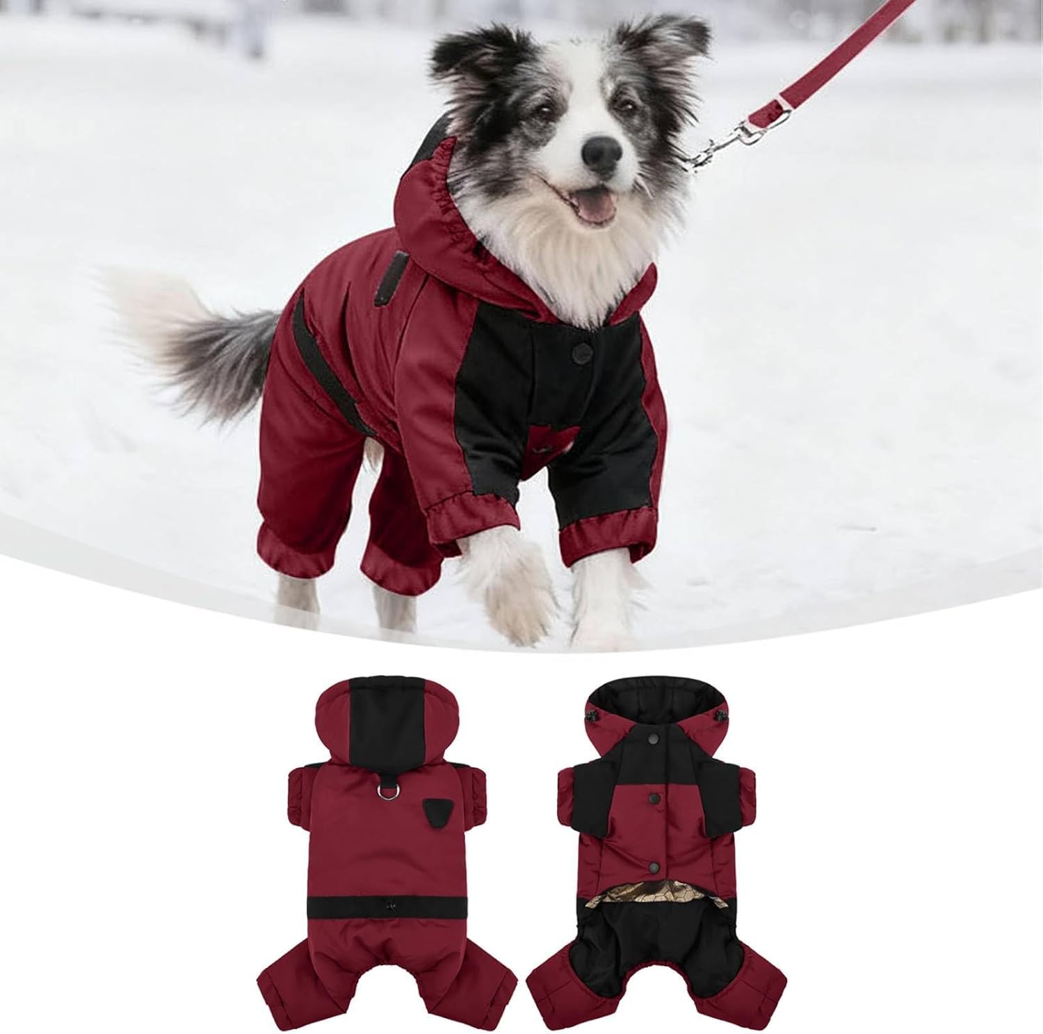Warm Dog Coat with Hood,Dog Winter Coat 4 Legs Covered Waterproof Snowproof Winter Snowsuit for Puppy Adjustable Thermal Warm Snowsuit for Cold Weather Full Body Jacket (Red, L)