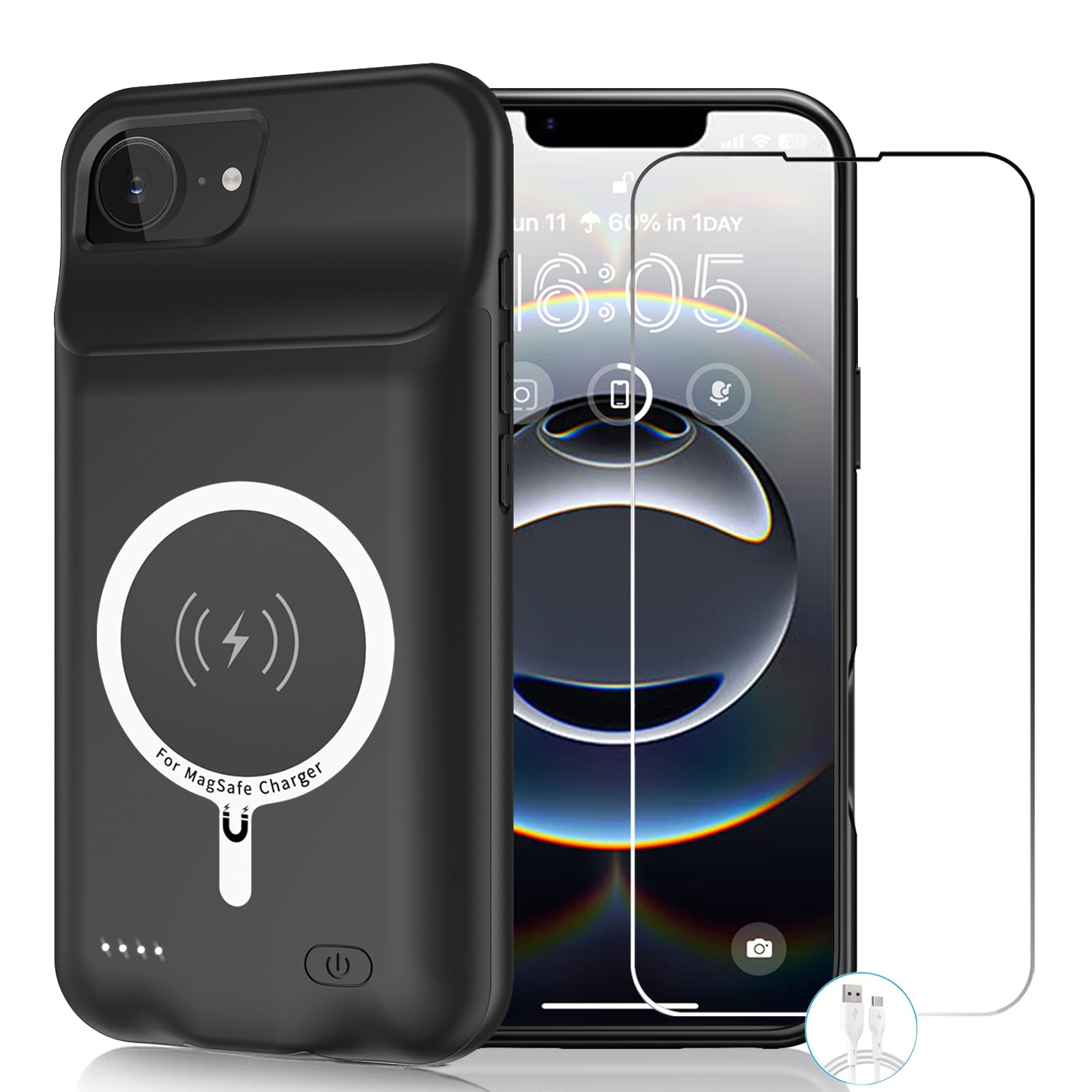 JBUBN Battery Case for iPhone 16e (6.1 inch), [10000mAh] Large Capacity Slim Portable Protective Fast Charging Case, Backup Power Bank with Power Indicator, Compatible with iPhone 16e - Black