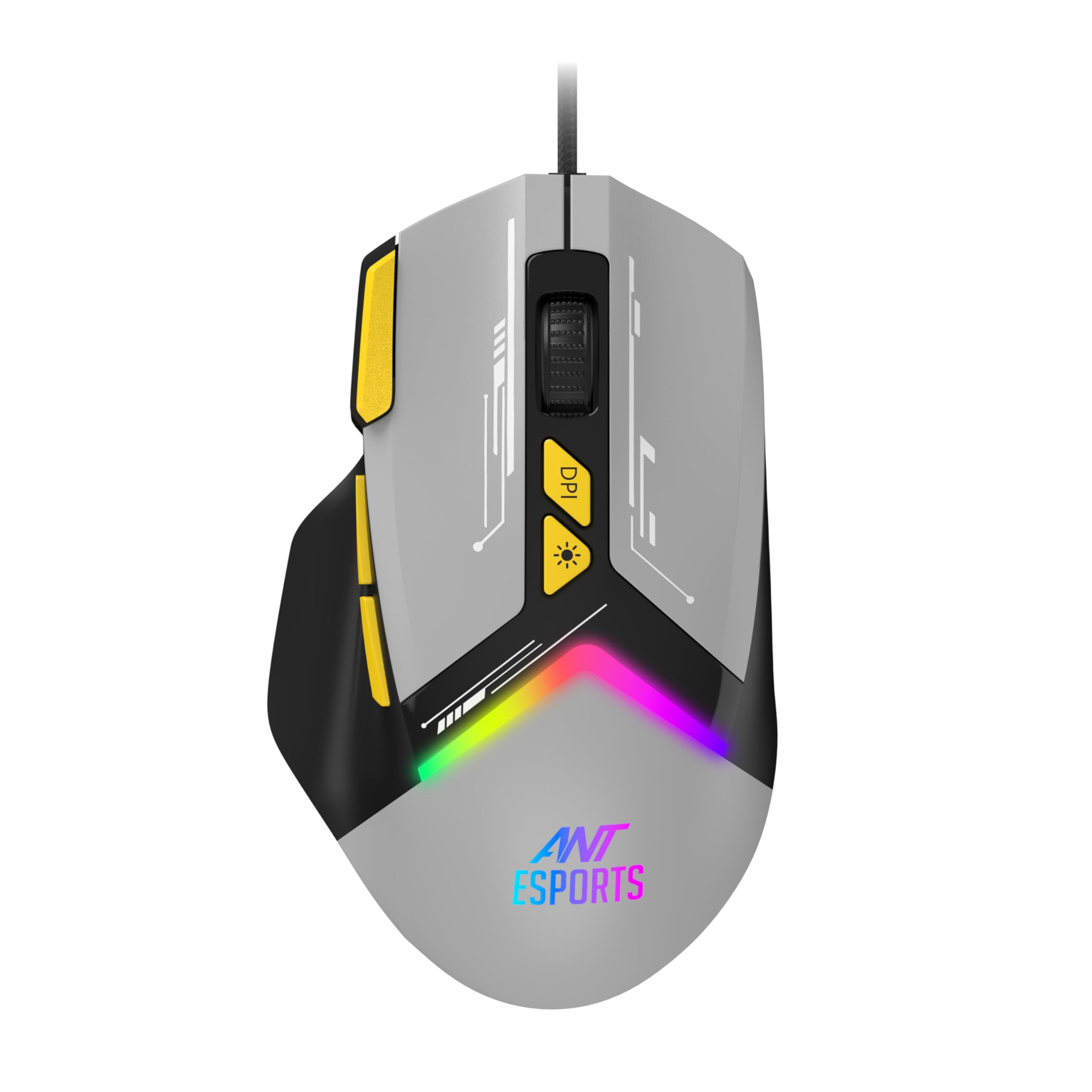 GM333 RGB Wired High End Optical Ergonomic Gaming Mouse With 12800 DPI 1.5M Braided Cable Comes with latest Inbuilt Software Huano Switches with Rubber coated Top cover - Black/Grey/Yellow