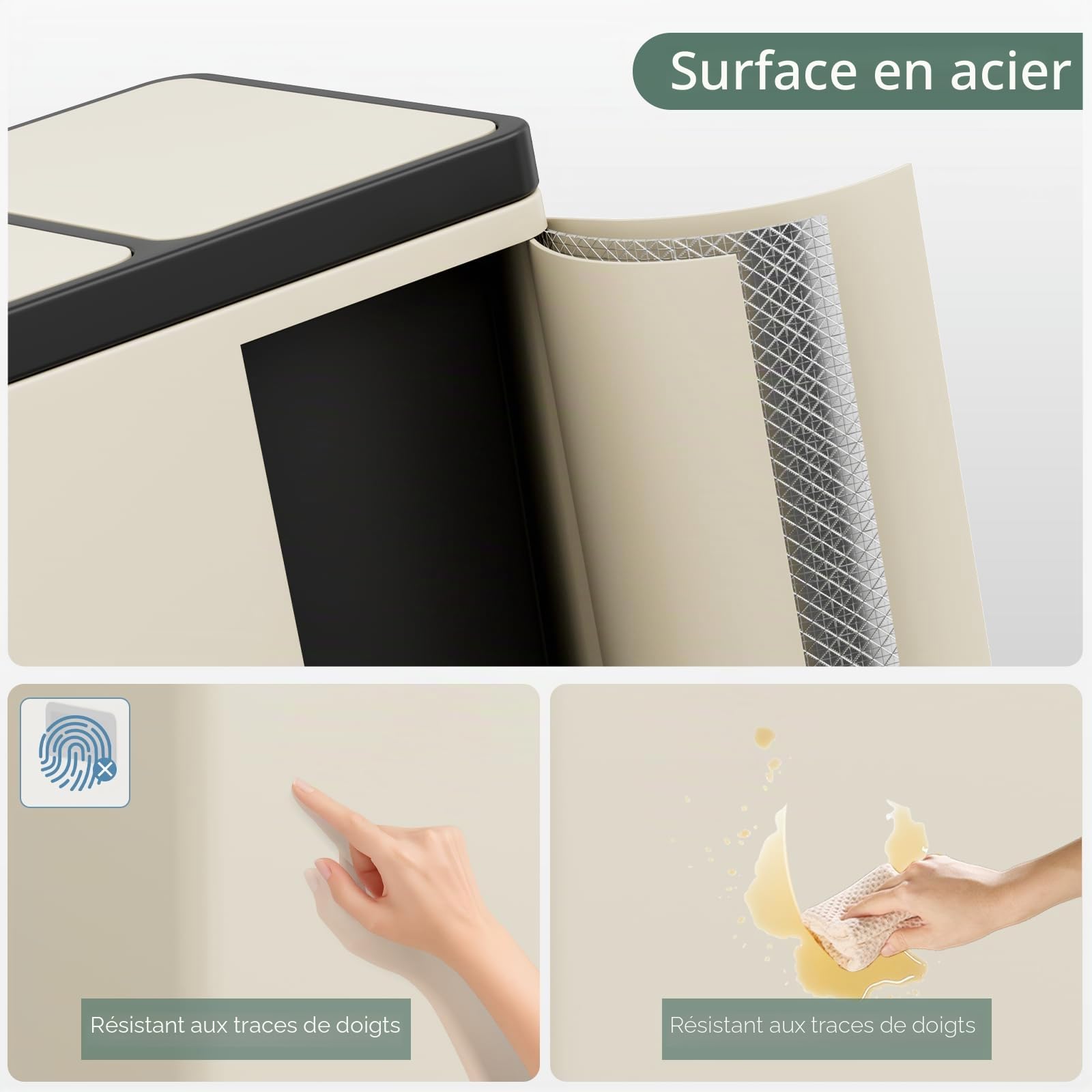 Clevich Système de tri sélectif 3 x 15 l en acier, poubelle à 3 compartiments avec pédales à code couleur, poubelle avec couvercles à fermeture douce et seaux intérieurs, beige