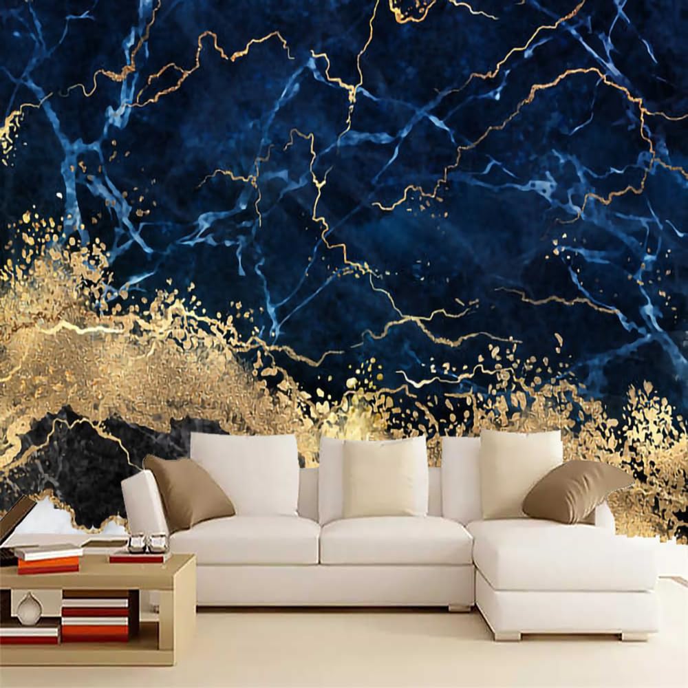 Papier Peint de 3D Marbre Bleu Et Or, Marbre D’encre Imprimé En 3D Papier-Peint Murs - pour Restaurant-Bar à Thème Décoration Murale 350 x 265 cm