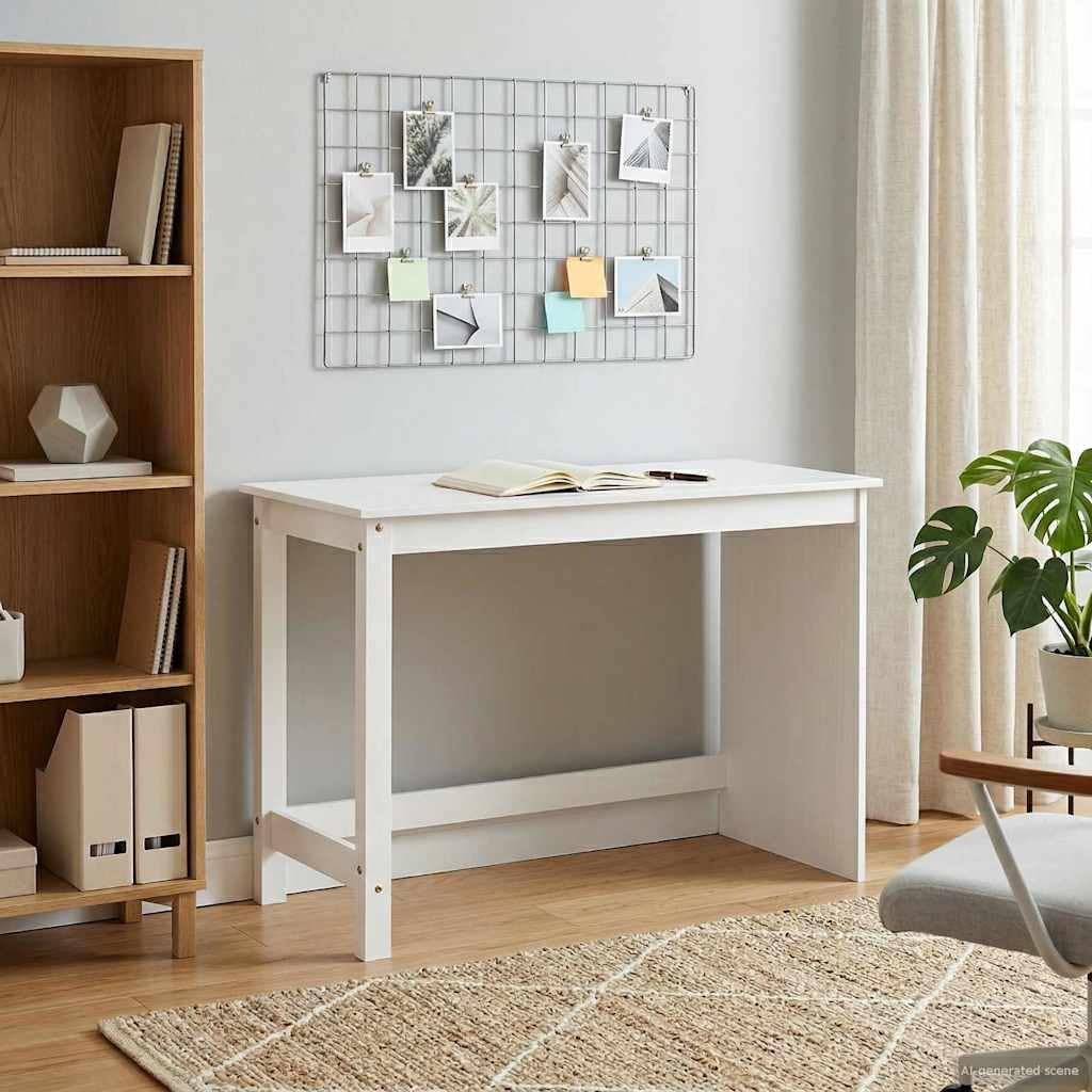 Białe biurko 112 x 50 x 75 cm z litego drewna sosnowego do domowego biura, gabinetu, pokoju młodzieżowego i dziecięcego, z zarządzaniem kablami, półką na klawiaturę, regałem i szufladą
