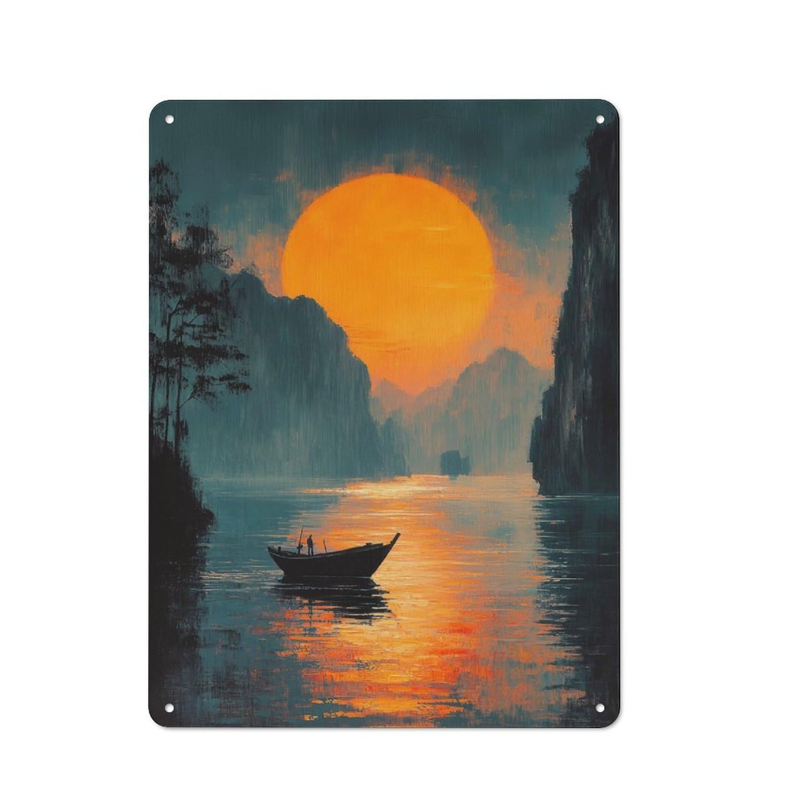 Junmoney Style-9 Tin Wall Plaque 40X30cm With Sunset Boat Scene For Guest Room Or Hallway, For Garage, Workshop And Man Cave Decoration