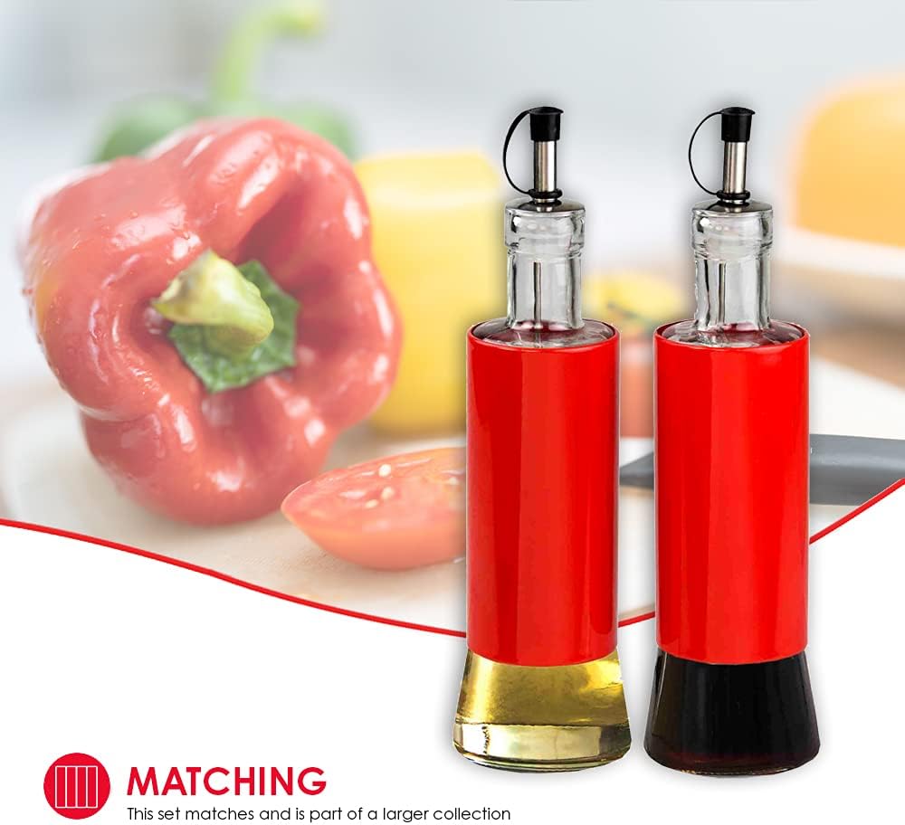 Home Basics Essence Collection Sturdy, Red 2-Piece Glass Oil and Vinegar Cruet Set, Medium: Home & Kitchen