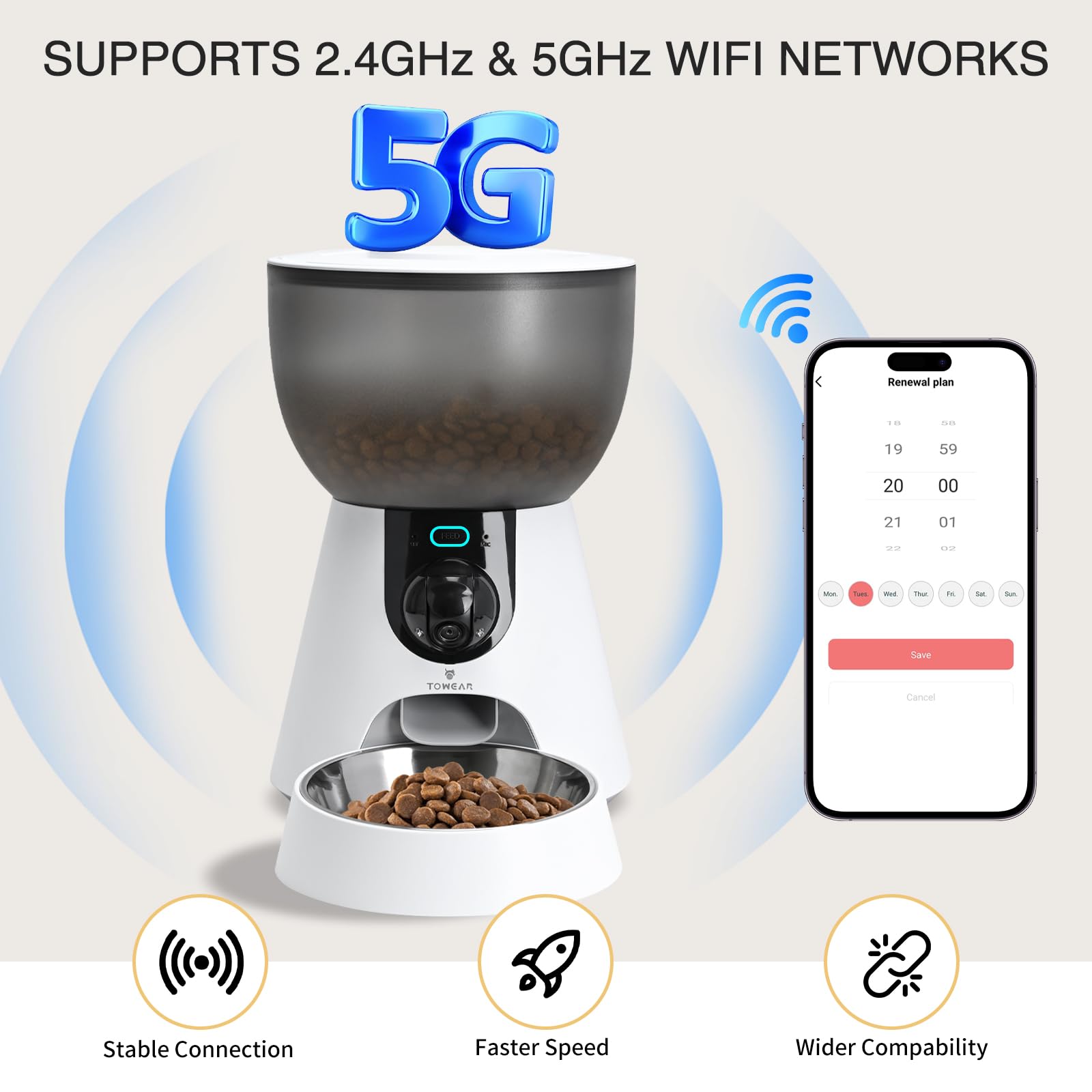 Alimentatore automatico per animali domestici con fotocamera, alimentatore per gatti WiFi da 5 GHz/2,4 GHz, capacità 4 l, 1-10 pasti/giorno con promemoria batteria scarica, voce bidirezionale