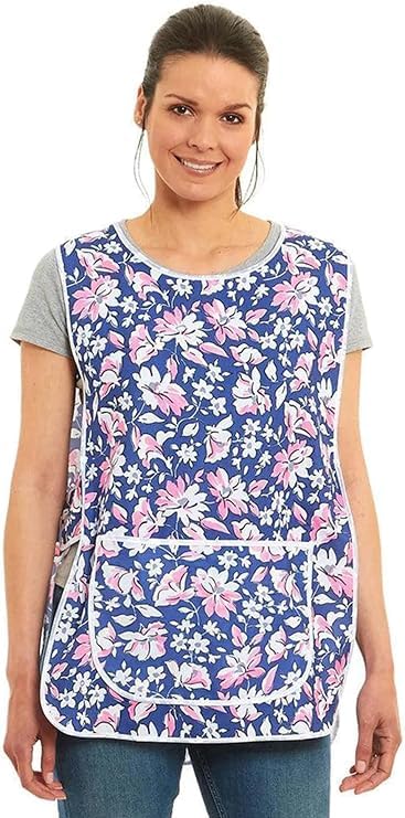 TIE & DINE Floral Tabard Apron for Women with Pockets - UK Made Polyester Cleaning Overalls in Pink, Navy, Blue & Aqua UK Size S to 3XL (Navy, L)