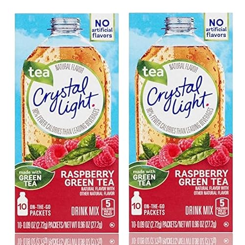 Crystal Light Raspberry Green Tea Sugar Free Drink Mix Singles, 10 ct On-the-Go-Packets, Pack of 2, Bundled With V2U Sleeve
