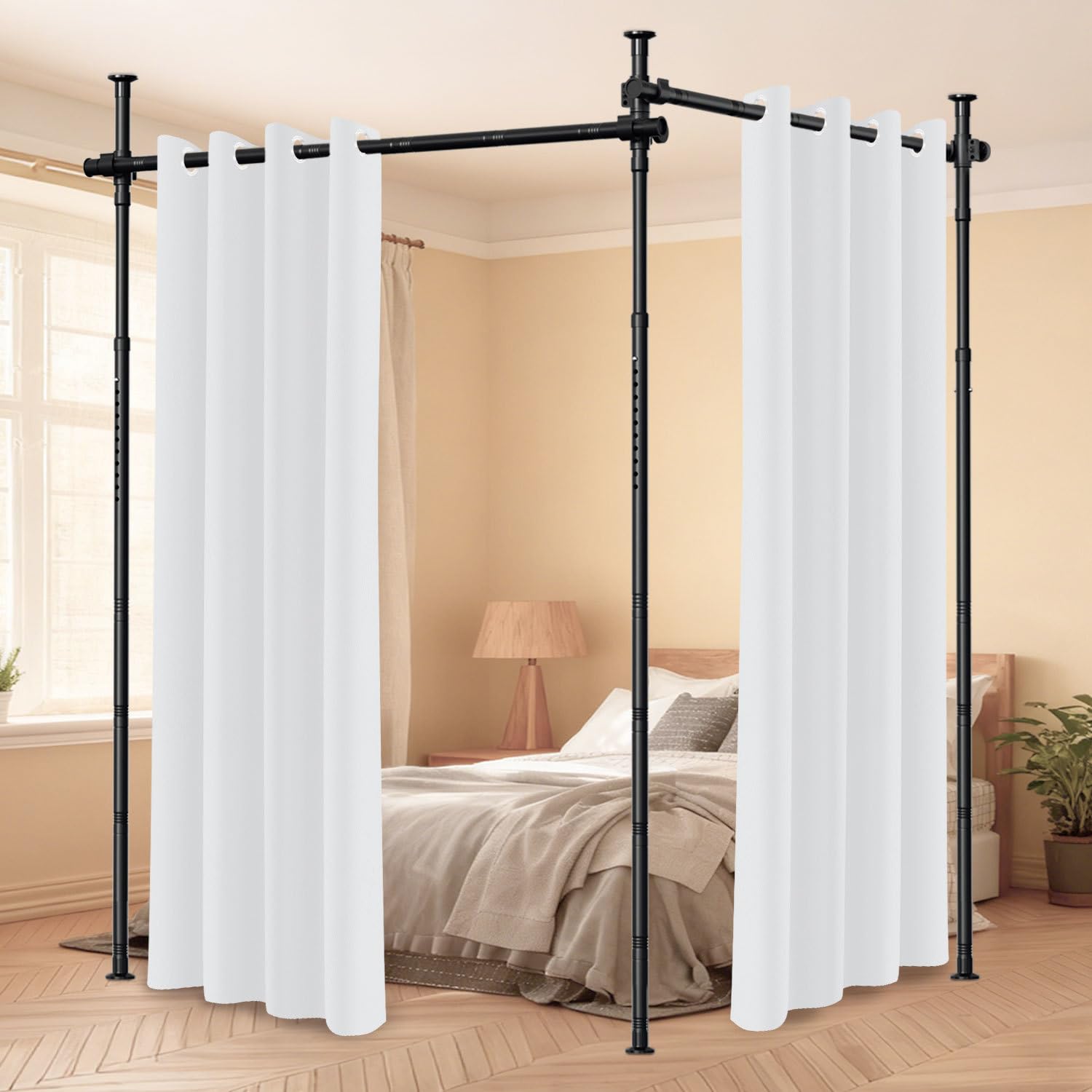 𝗝𝗮𝘆𝘀𝗲𝘂𝘄 Raumteiler Paraventgestell, freistehende Gardinenstange höhen und breitenverstellbar, Vorhangständer als Trennwand Sichtschutz für Schlafzimmer Büro Wohnzimmer - Schwarz