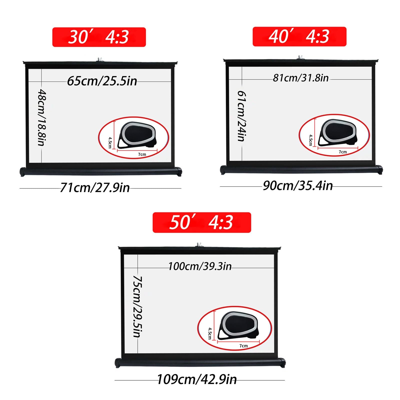 HJXGQJM Schermo di Proiezione da Tavolo，Schermo Proiettore Estraibile, Schermo di Proiezione A Pavimento per Home Theater Cinema Campeggio,Formato 4:3 16:9，30", 40", 50"(4:3,30")