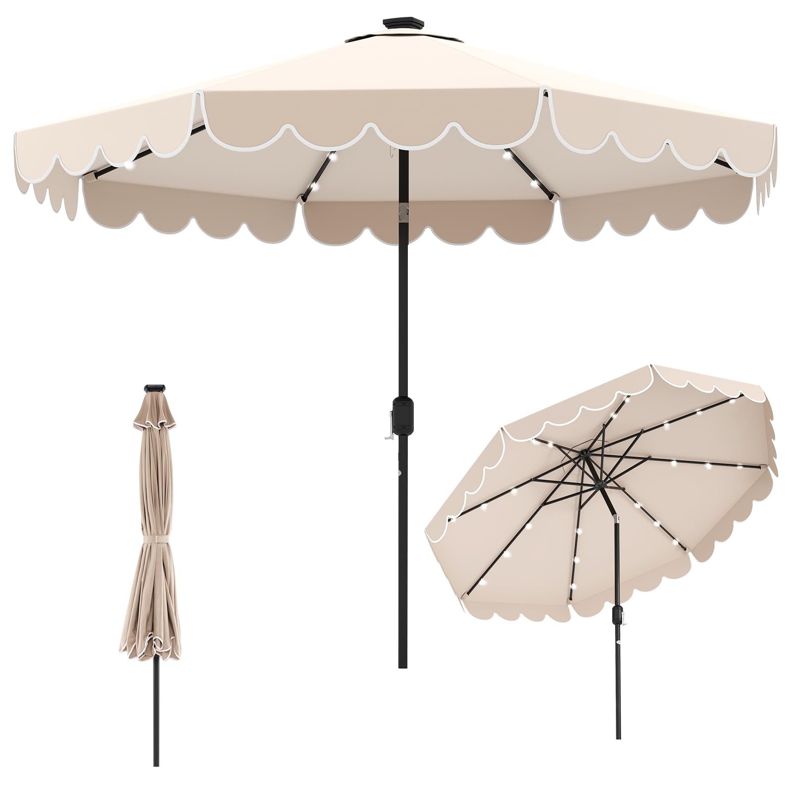 COSTWAY Ombrellone da Giardino 300 cm, con 24 Luci LED Solari, Inclinazione Regolabile, Manovella, 8 Stecche, Anti-UV, Top Ventilato, Idrorepellente, Giardino Piscina Patio (Beige)
