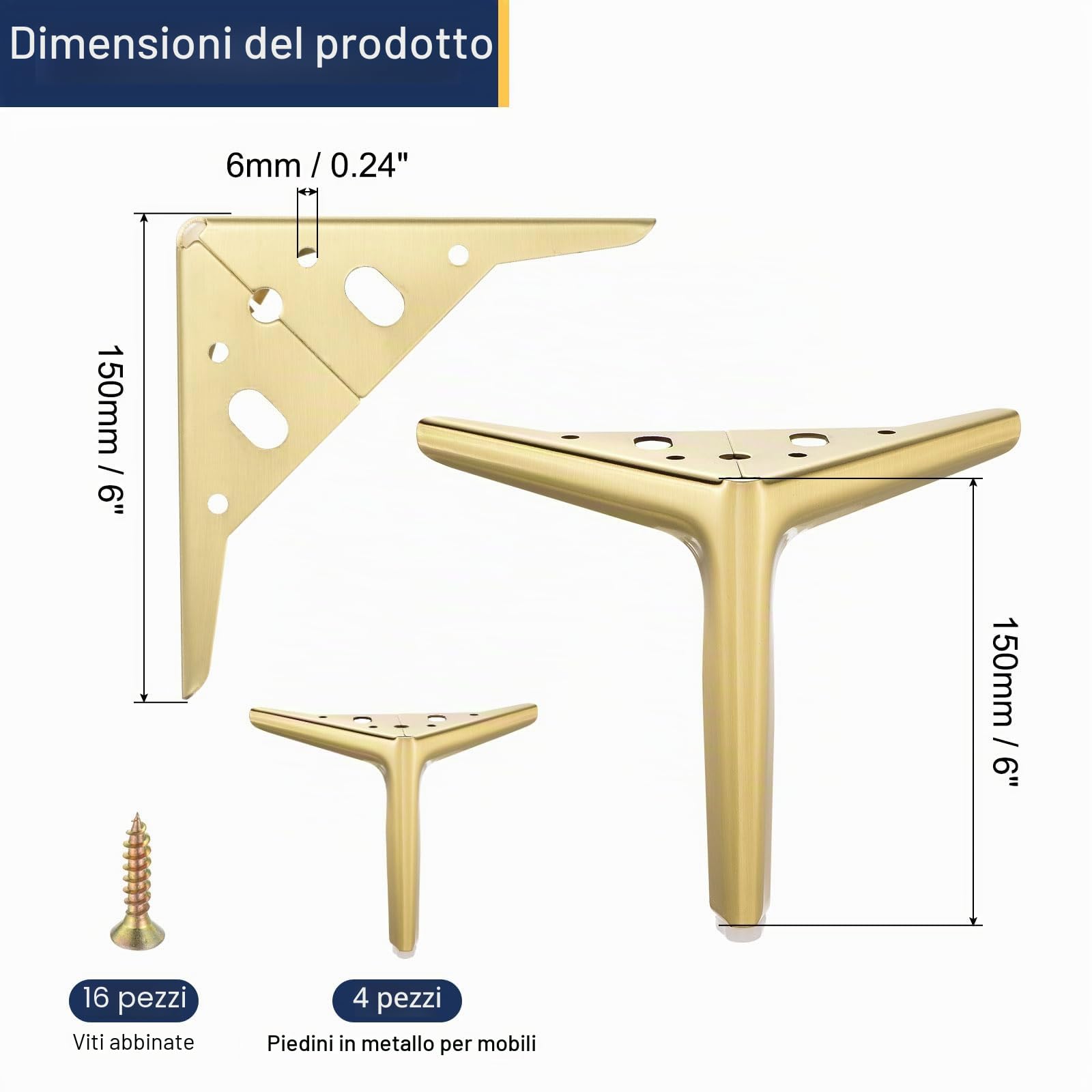 QUARKZMAN Gambe Per Mobili In Metallo 6 Pollici Oro Spazzolato 4Pz | Piedini Per Mobili Triangolari, Resistente Sostituzione Fai Da Te Gambe, Per Comò Per Letto Tavolo Armadio Poltrona