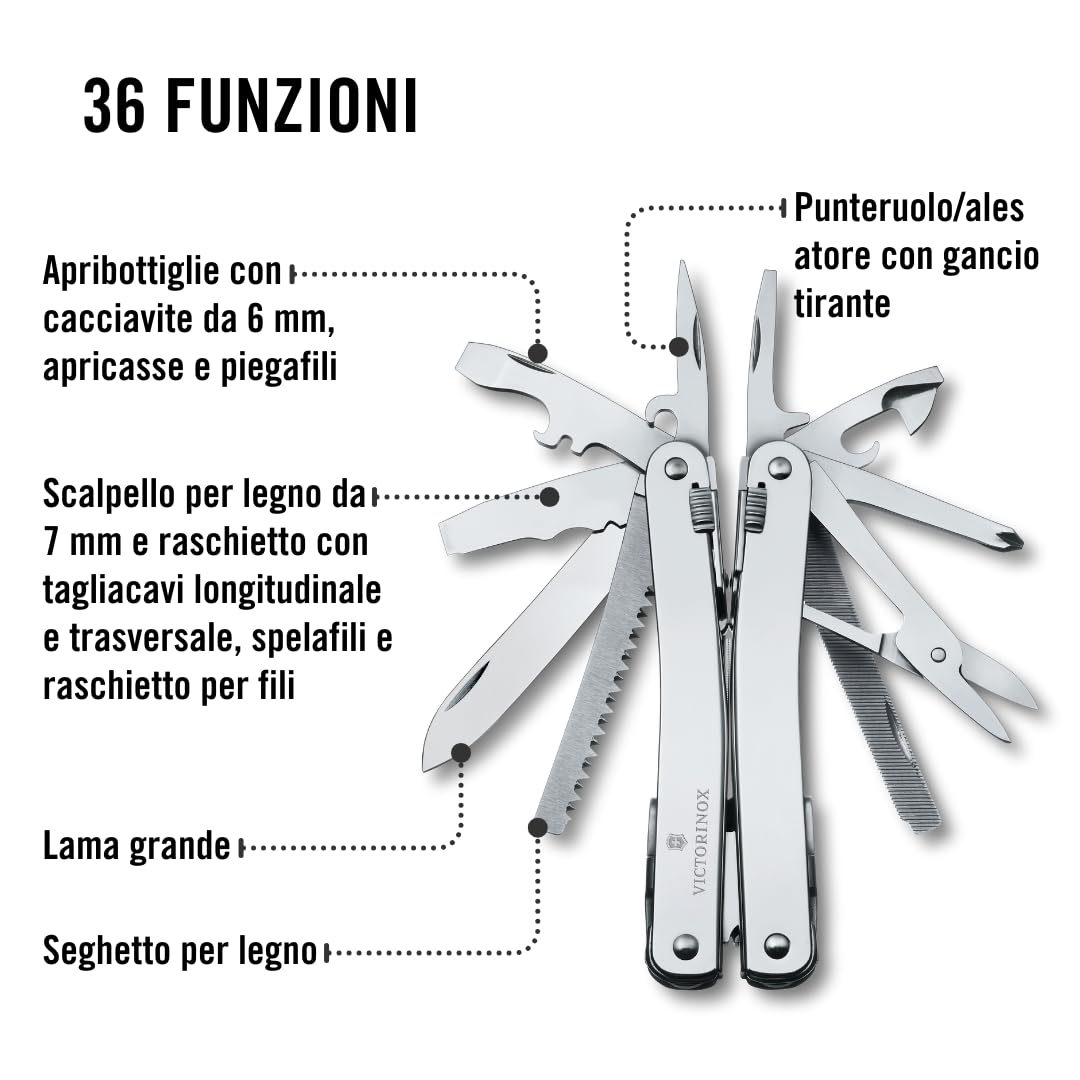 Victorinox Multi-strumento Swiss Tool Spirit X Plus Ratchet, 36 Funzioni, Made in Switzerland, Multiuso con Lama Bloccabile, incl. Fodero in Pelle, Argento