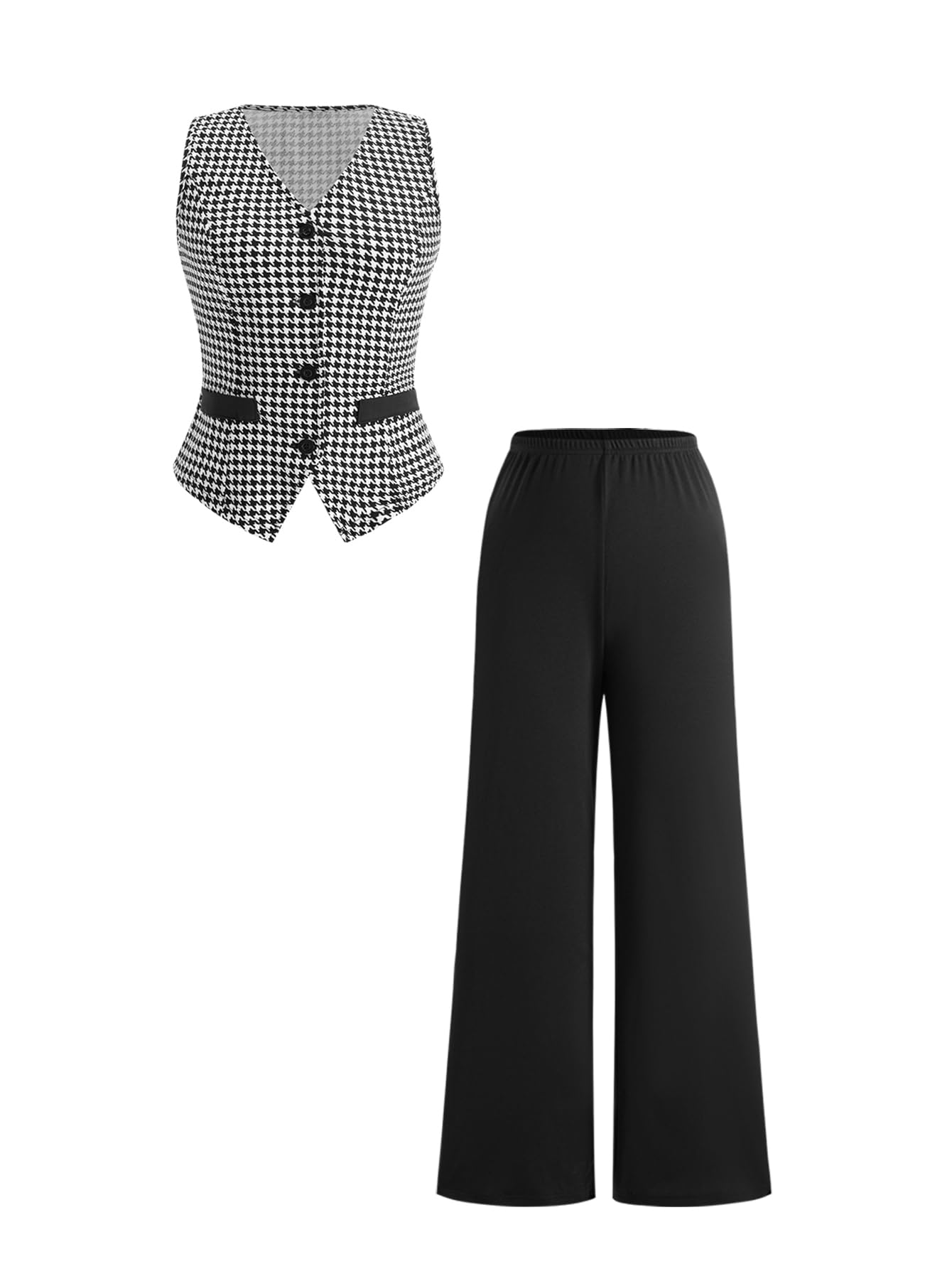 Womens 2 Piece Business Casual Outfits Summer Houndstooth Button Up Suit Vest and Pants Set