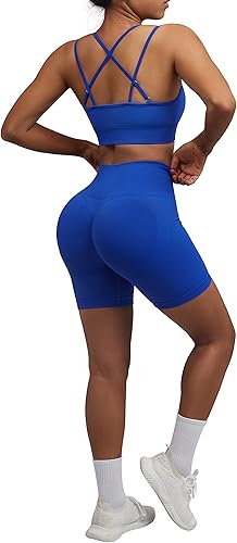 Miniatura 4 de OMKAGI Conjuntos de entrenamiento para mujer, brasier deportivo sin costuras, con tirantes y levantamiento de glúteos, pantalones cortos de