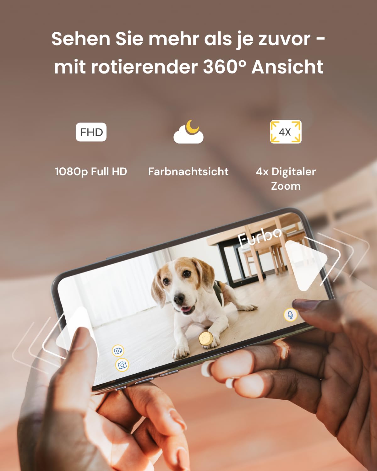 Furbo 360° Hundekamera [Basic Kamera]: Haustierkamera mit App, Rotierende 360° Sicht, Farbnachtsicht, Tracking, Leckerliwurf, Bell-Alarm, der Favorit von Haustierbesitzern auf der ganzen Welt