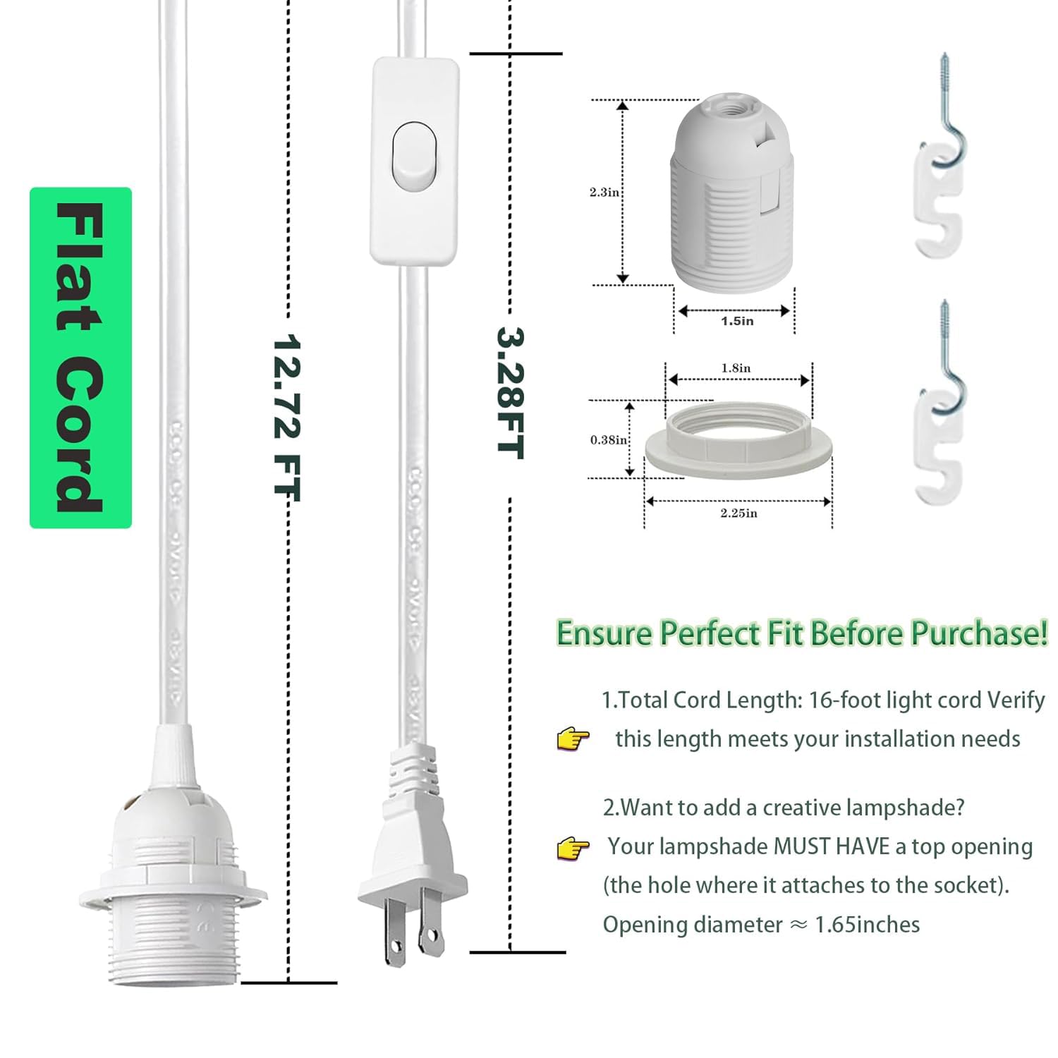 Plug-in Light Socket Kit - 16ft Pendant Cord -2
