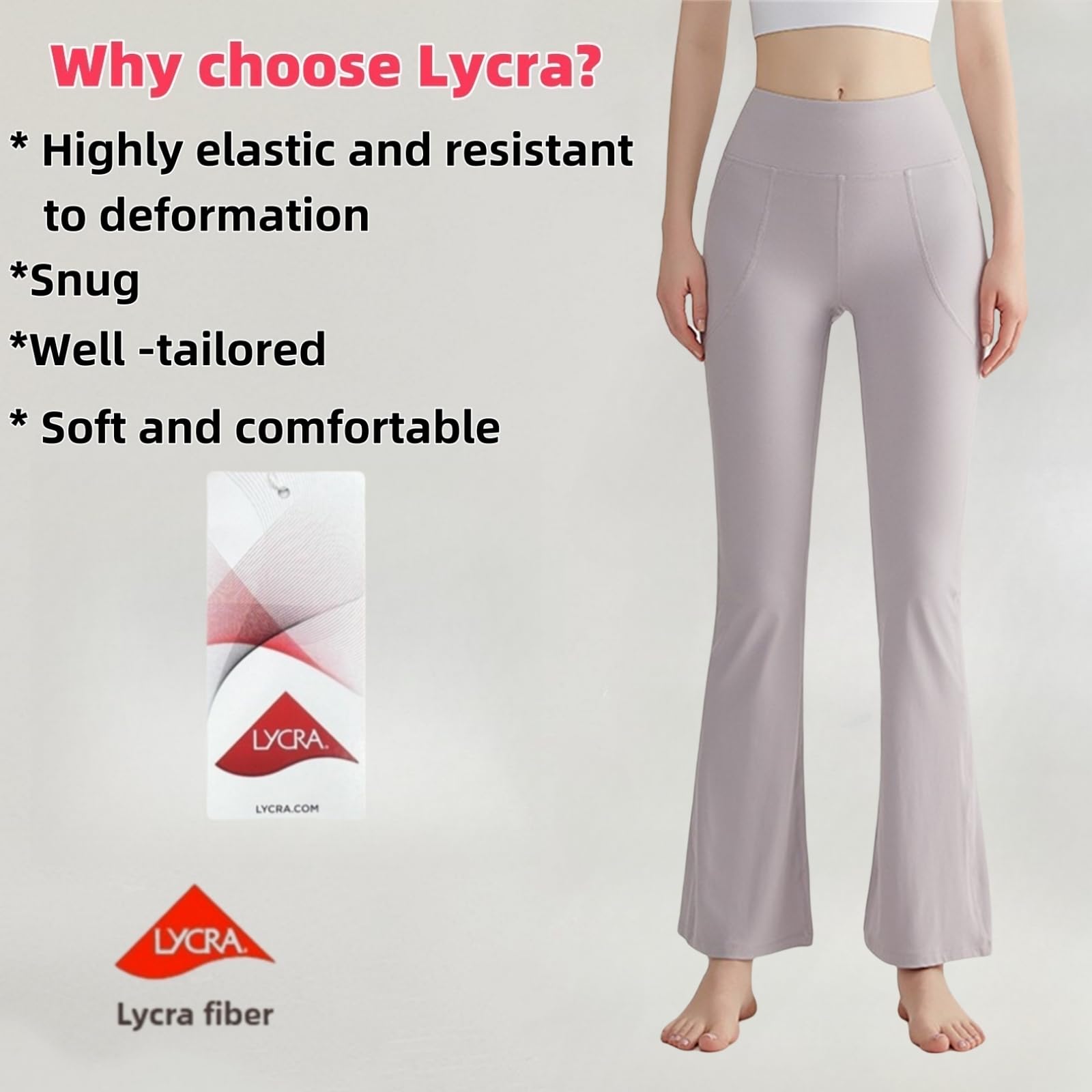 Yoga Pants Women Flare Wide Leg with Pockets Lycra Fiber High Waisted Leggings Soft Casual Bootcut Pants for Women (US, Alpha, Small, Medium, Regular, Regular, Light Grey)