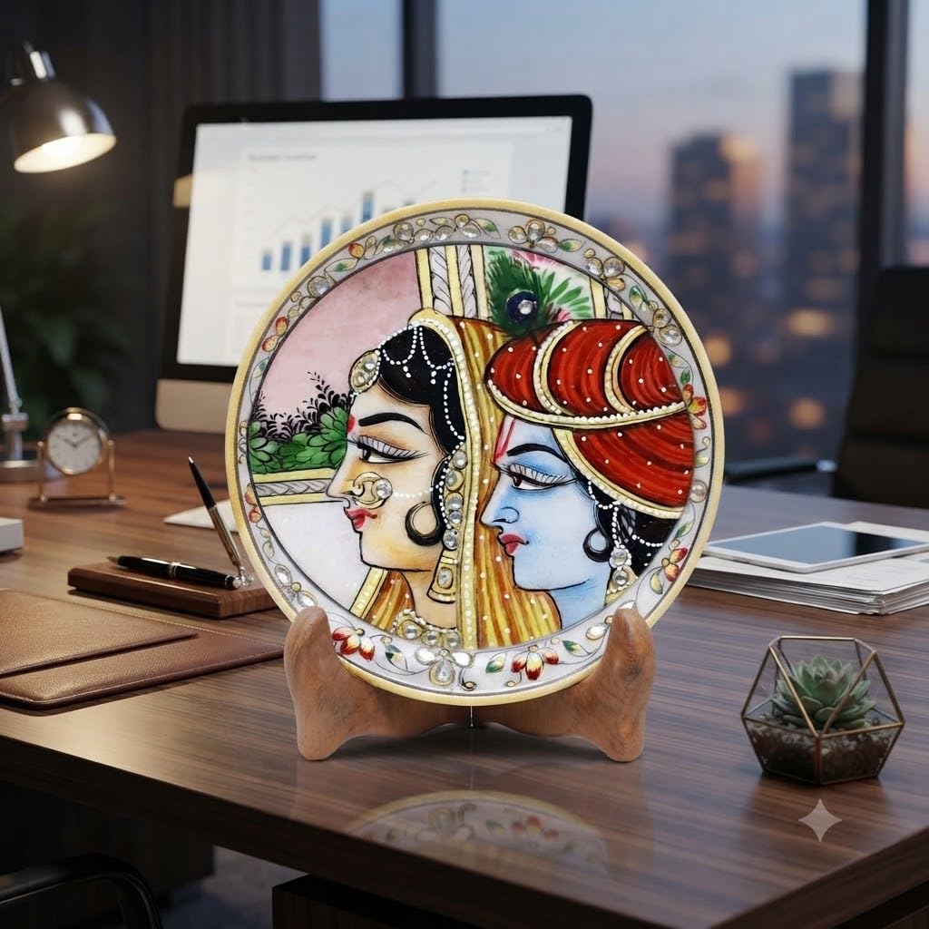 Anjali Arts 6 Inch Designer Decorative Marble Plate | Round Shape Lord Radha Krishna Showpiece Pottery Platess with Stand (Multicolor, 14.5x14.5x1.8 cm) 3