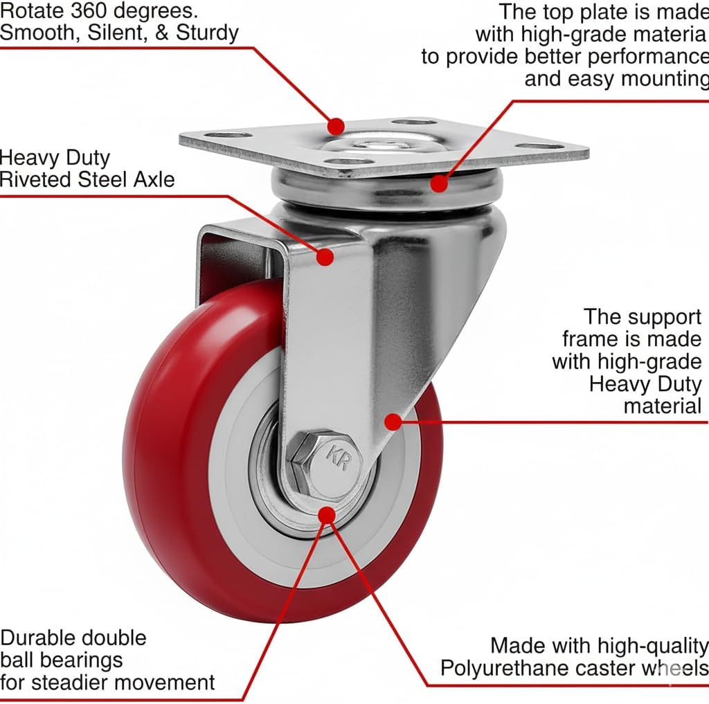 Pack of 12 Caster Wheels Swivel Plate on Red Polyurethane Wheels 2" no Brake