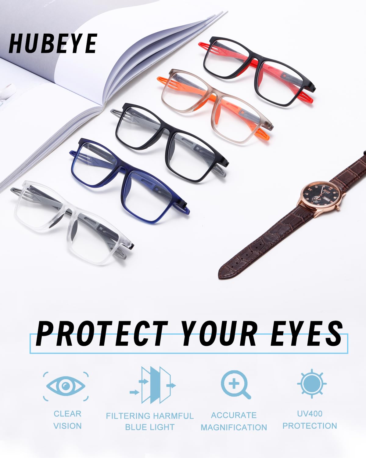 Hubeye 5 Pares Gafas de lectura deportiva para mujeres y hombres ultraligeras anteojos de lectura gafas anti luz azul 1.50