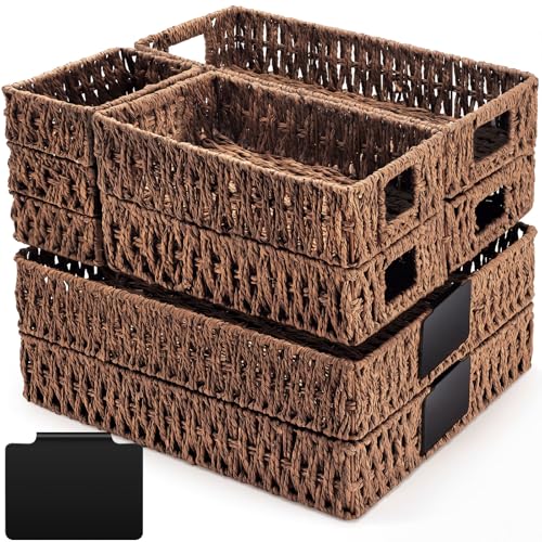 Marsui 9 Pcs Paper Rope Storage Baskets with Handle Labels Handwoven Multi-size Brown Storage Bins for Organizing Small Baskets Container for Shelves Closet Pantry Toilet
