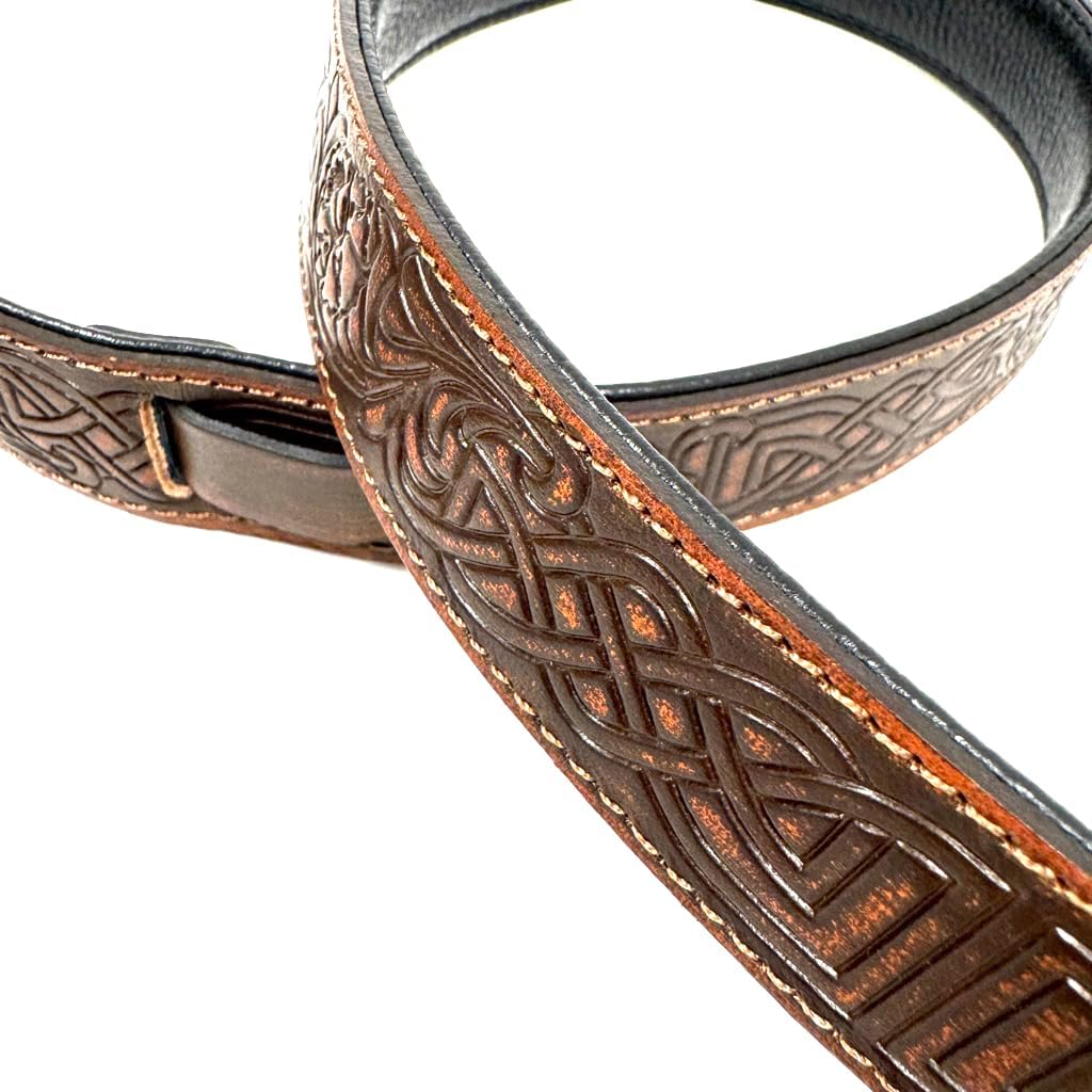 Walker And Williams M-20-BRN Bourbon Brown Leather Premium Padded Mandolin Strap With Celtic Chain Design, For Mandola, Bouzouki or Ukulele. For F And A Type Mandolins