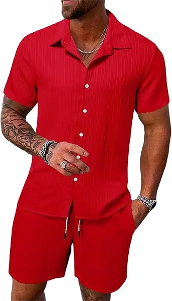 Mens Track Suits 2 Piece Outfits Summer Short Sleeve Casual Button Down Cuban Shirts and Shorts Set Beach Tracksuits