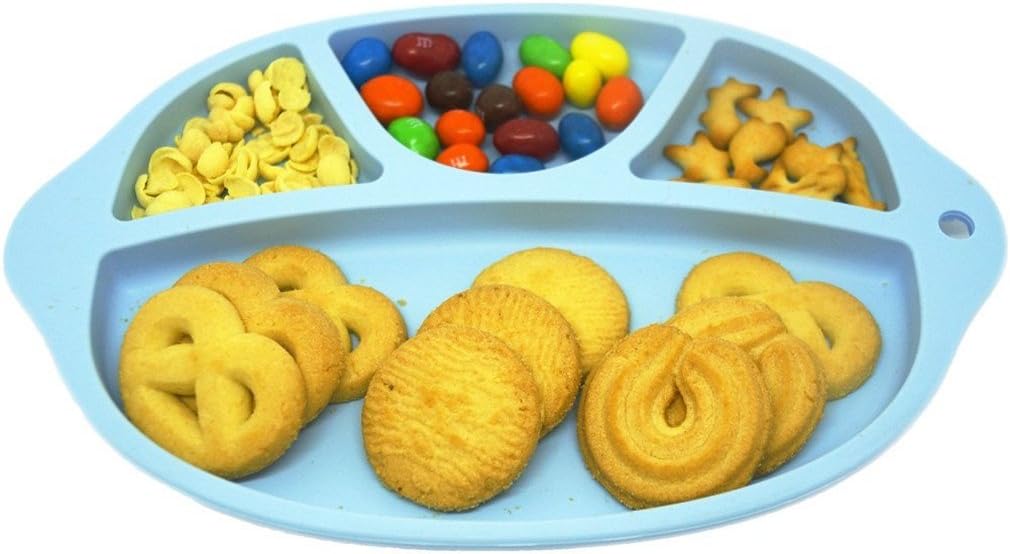 Baby Silicone Placemat - Bowl ,Tray and Placemat ,4 Compartments plate for Kids, Babies, and Toddlers,No Spill,Placemat Plate with Spoon for Baby to Toddler,Strong Suction & Fits any Surface (Blue)